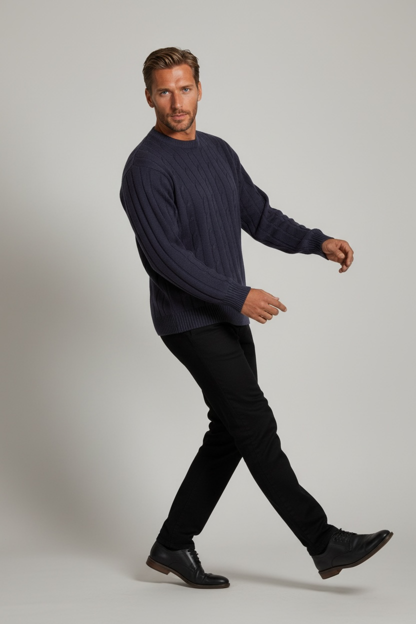 Ansett Navy Blue Cable Crew Neck Wool Jumper