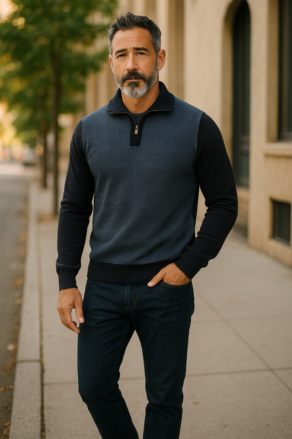 Ansett Navy Blue 2 Tone Quarter Zip Fine Merino Wool Jumper