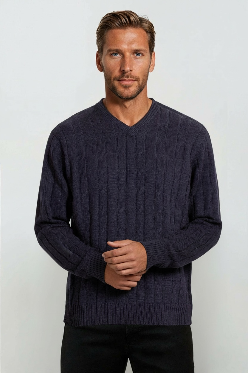 Ansett Navy Blue Cable V Neck Wool Jumper