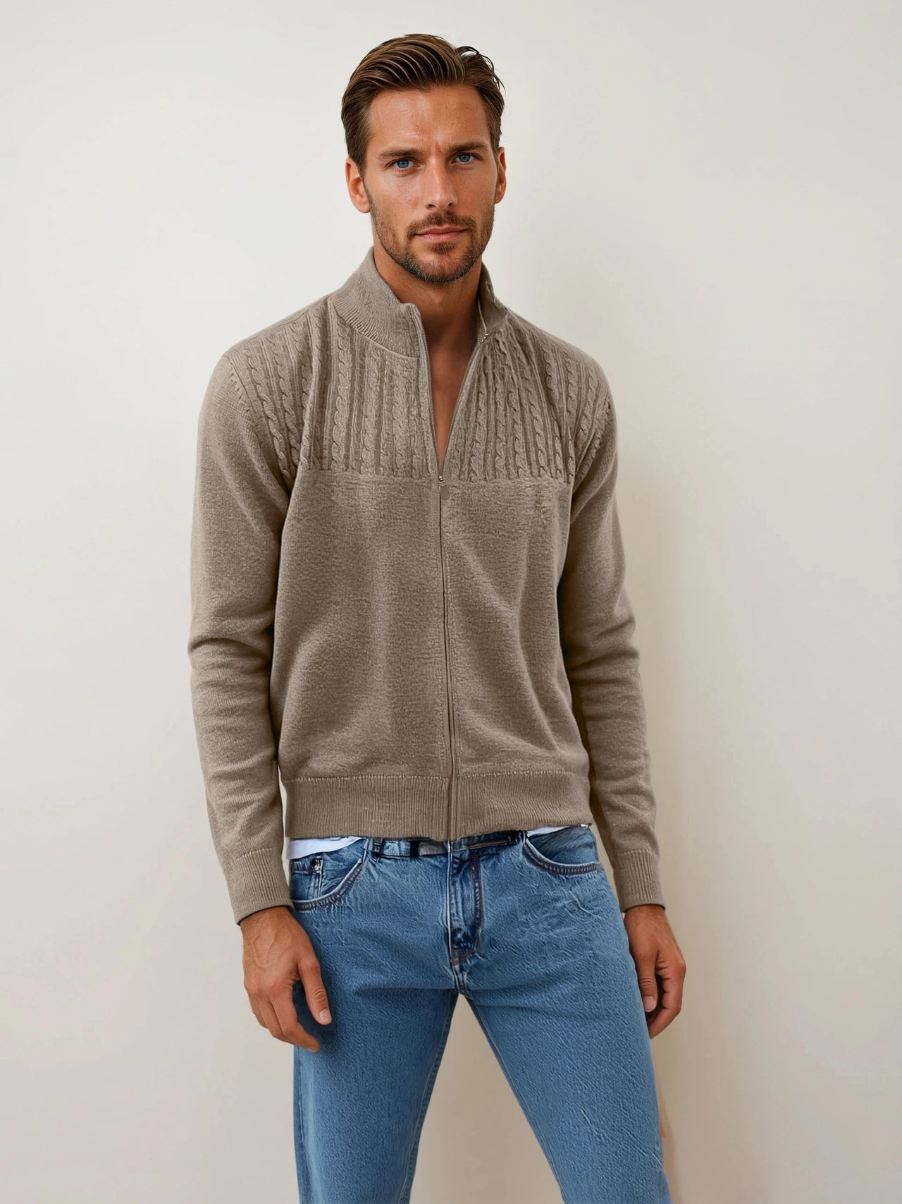 Ansett Nutmeg Brown Full Zip Cashmere Merino Wool Jacket