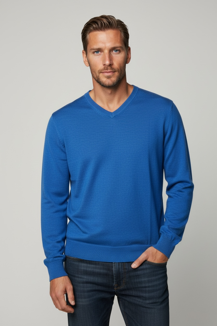Ansett Ocean Blue Fine Weight Merino Wool V Neck Jumper