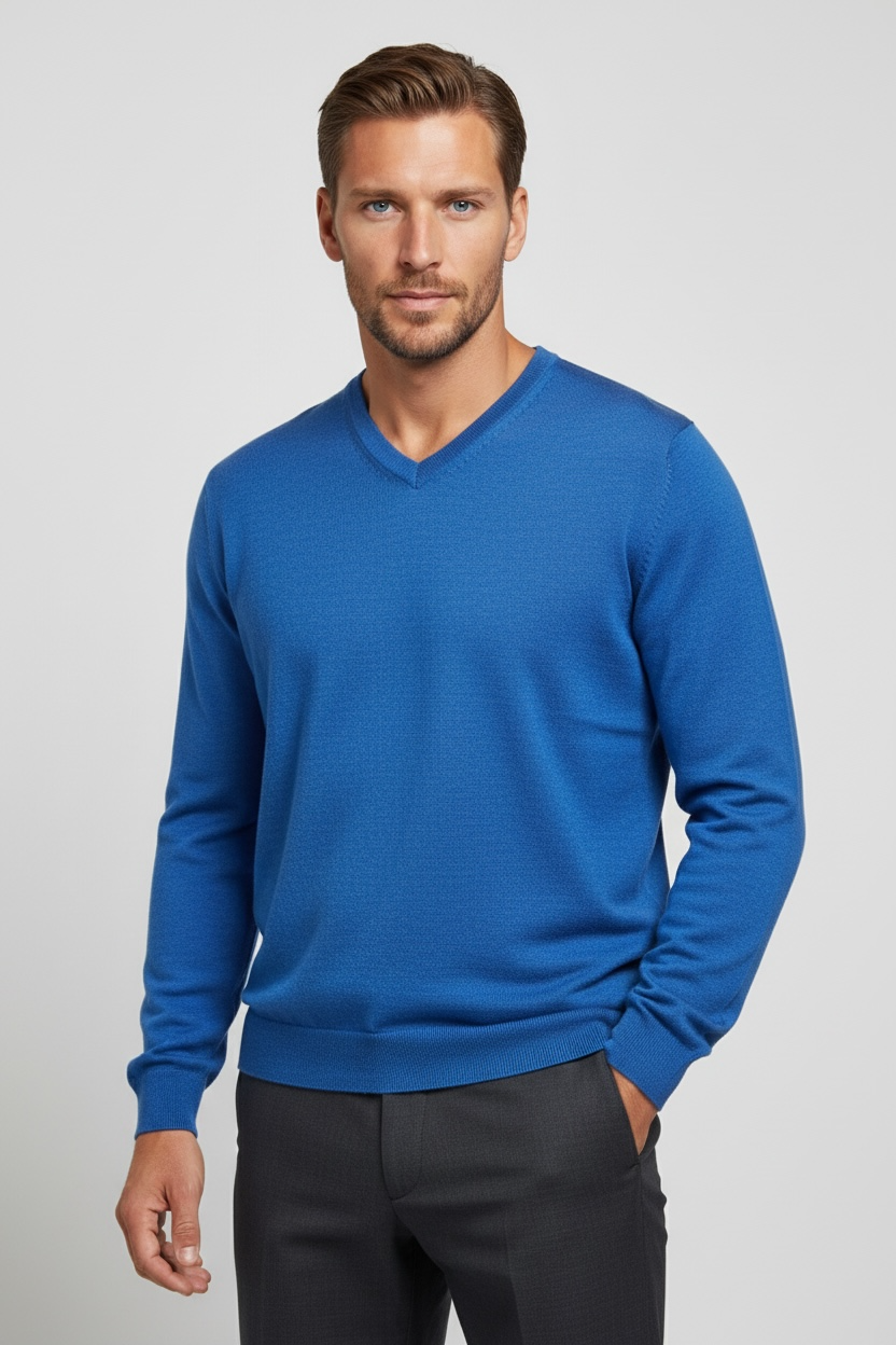 Ansett Ocean Blue Fine Weight Merino Wool V Neck Jumper