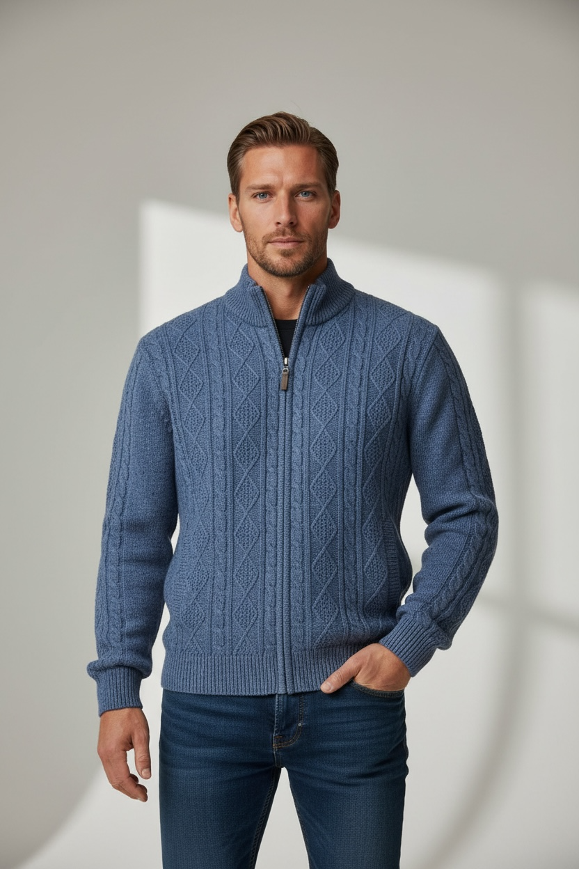 Ocean Blue Patterned Pure Wool Ansett Full Zip Jacket