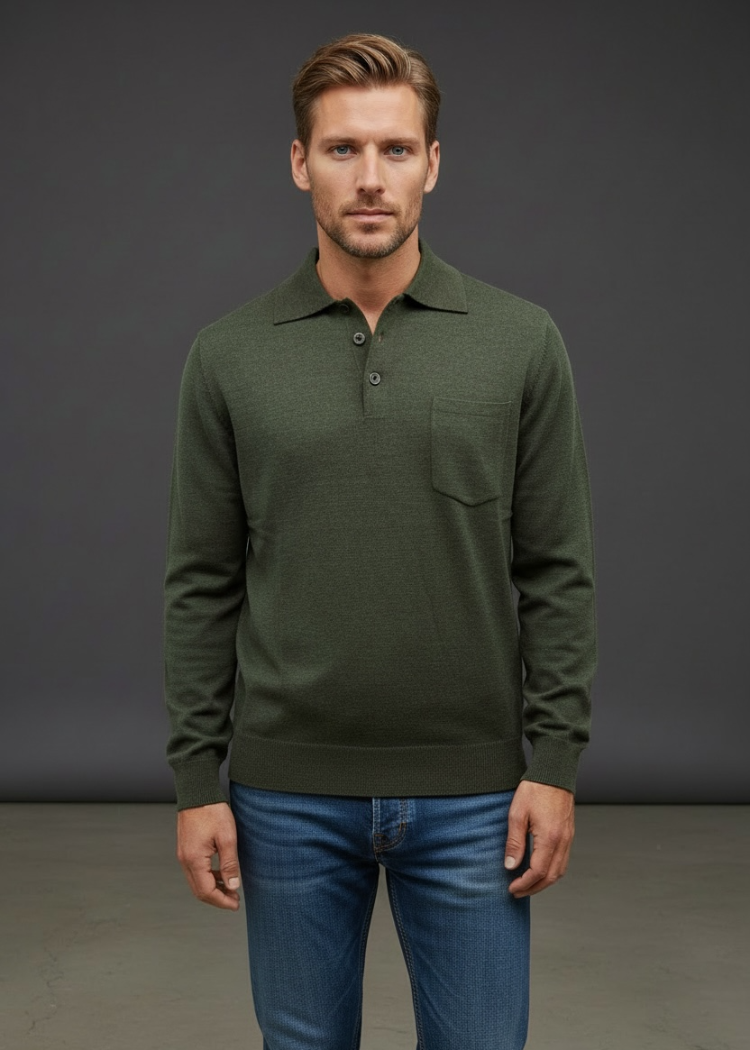 Ansett Olive Green 3 Button Polo Fine Merino Wool Jumper