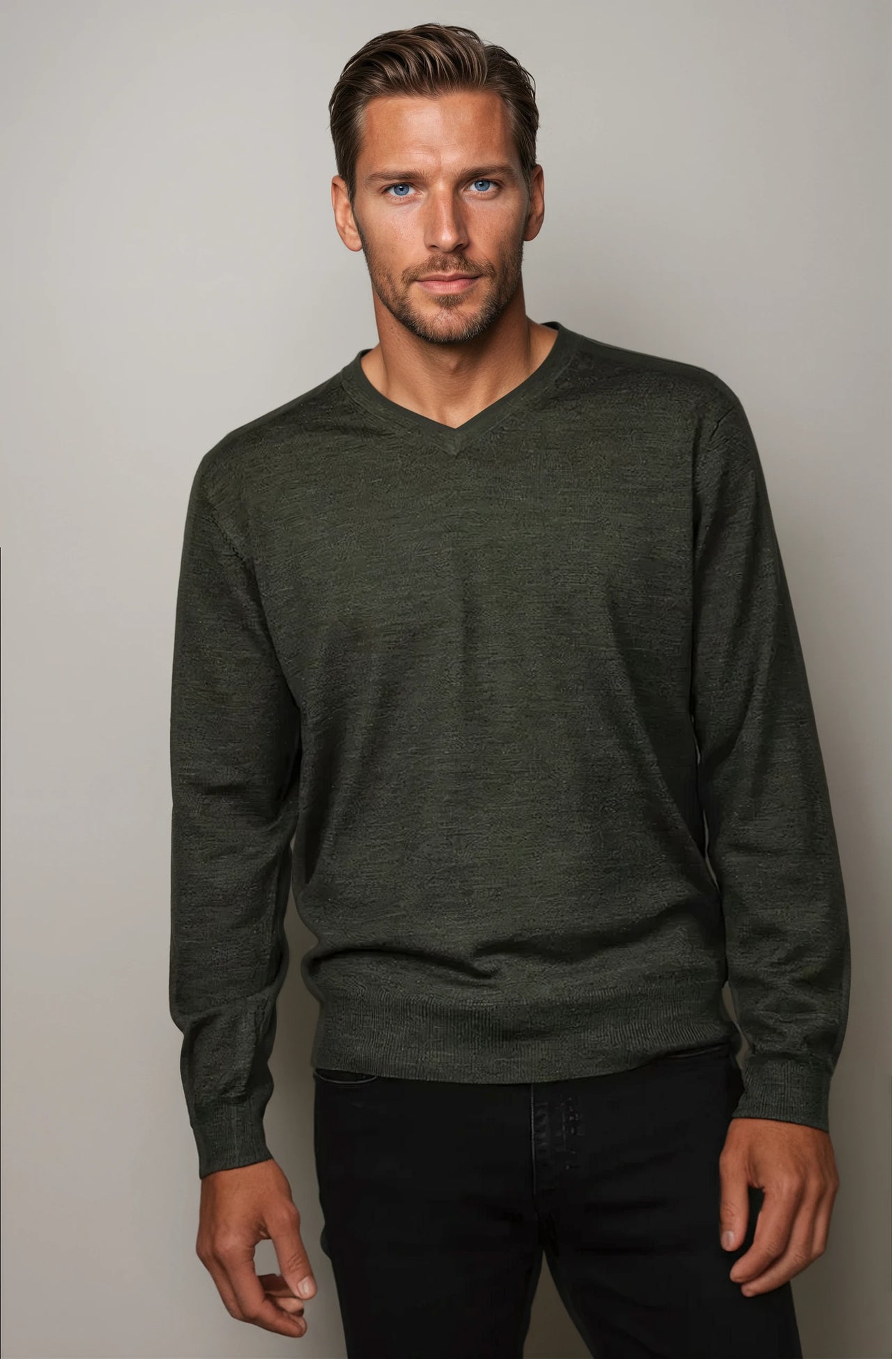 Ansett Olive Green Fine Weight Merino Wool V Neck Jumper