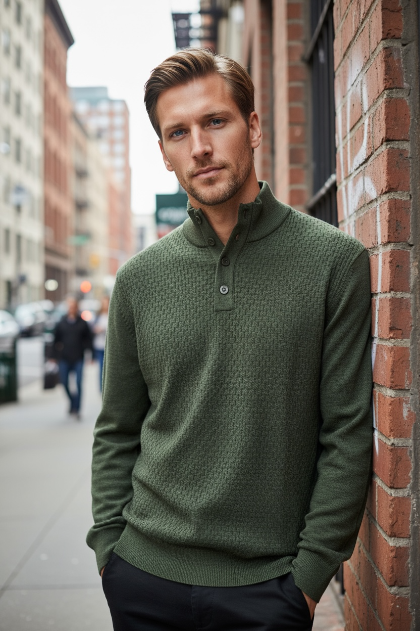 Ansett Olive Green Button Mock Neck Fine Merino Wool Jumper