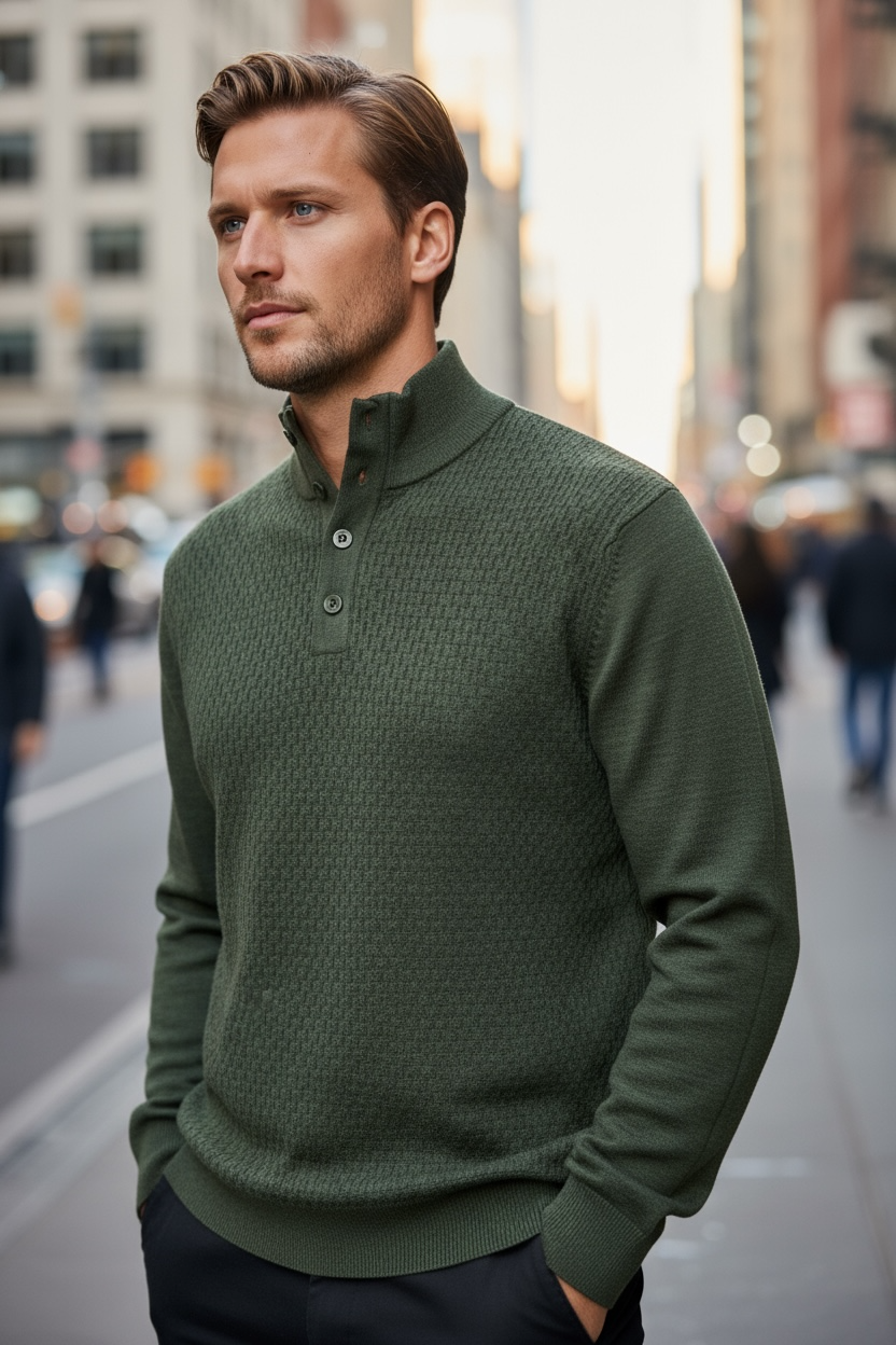 Ansett Olive Green Button Mock Neck Fine Merino Wool Jumper