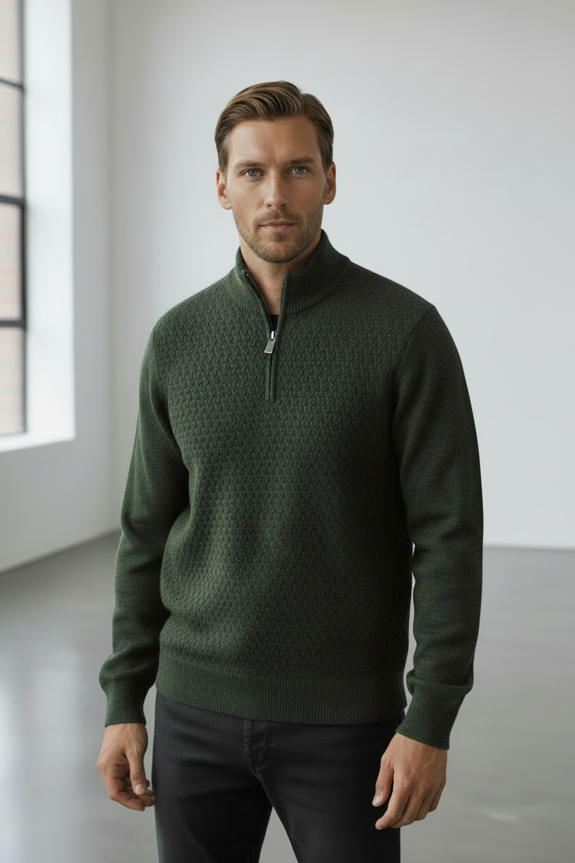 Olive Green Pure Wool Half Zip Sweater