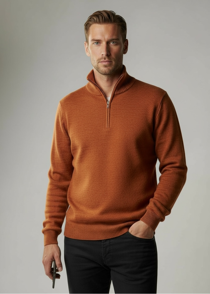 Ansett Auburn Orange Half Zip Cashmere Merino Wool Jumper