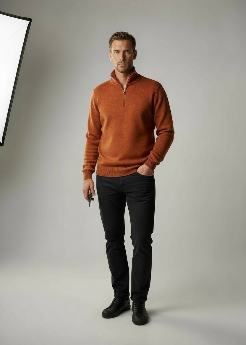 Ansett Auburn Orange Half Zip Cashmere Merino Wool Jumper