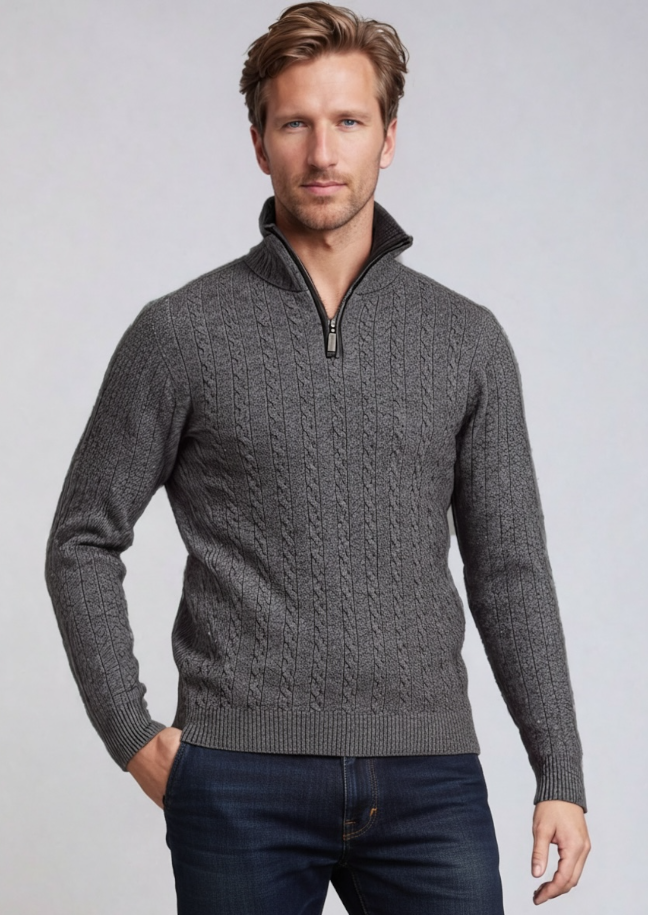 Pewter Possum Merino Half Zip Cable Jumper