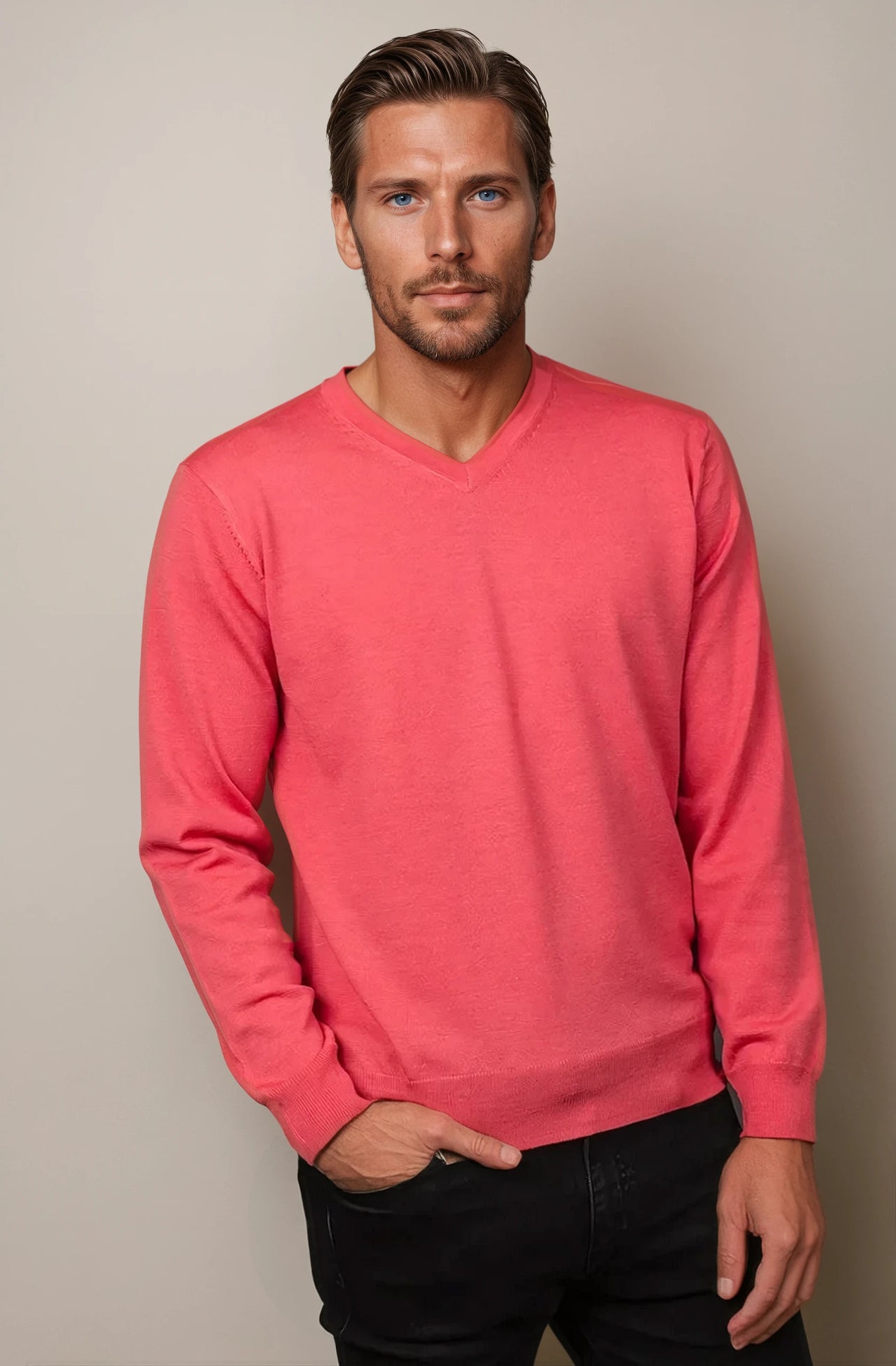 Raspberry Fine Weight Merino Wool V Neck Jumper
