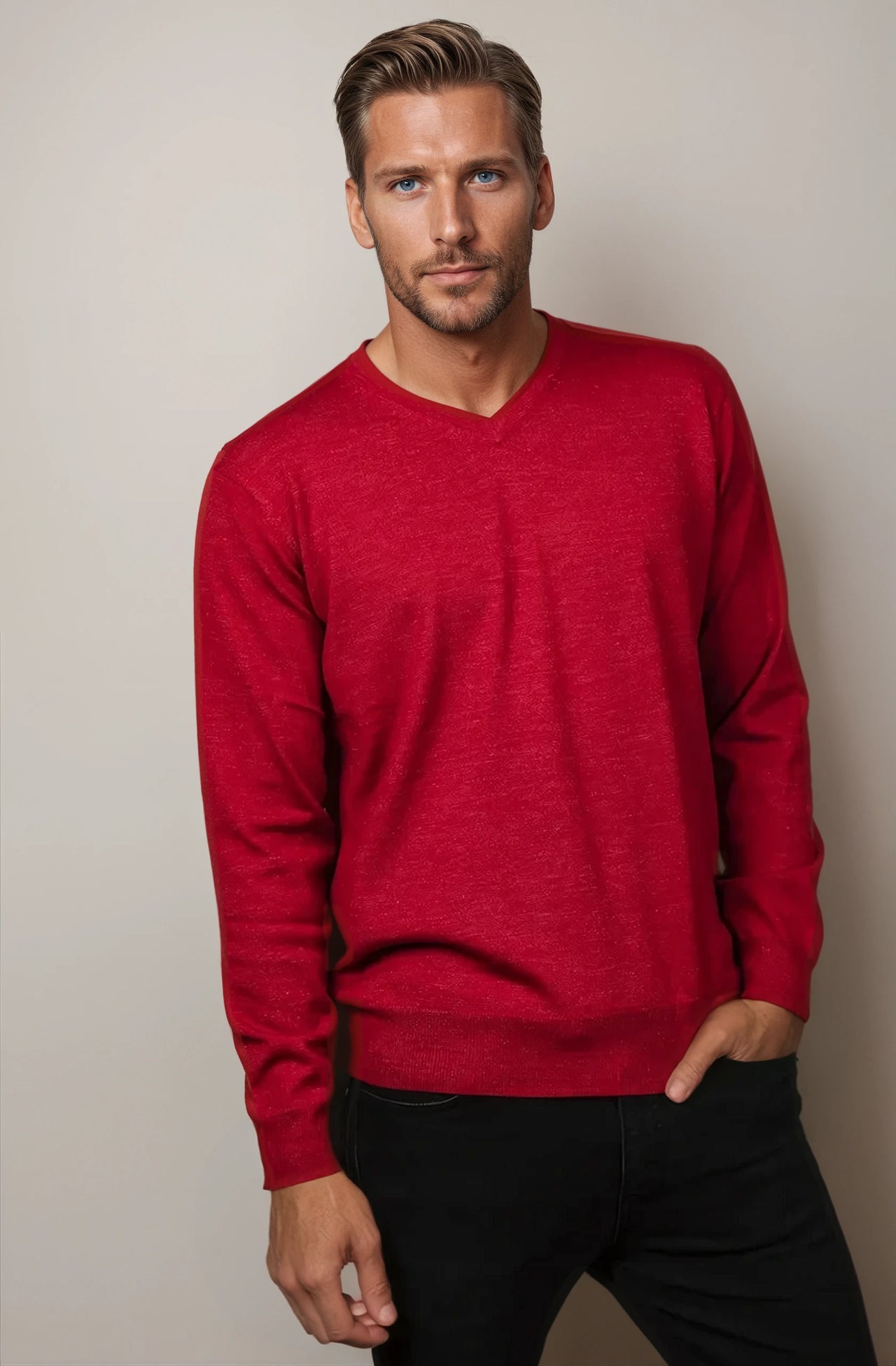 Ansett Red Fine Weight Merino Wool V Neck Jumper