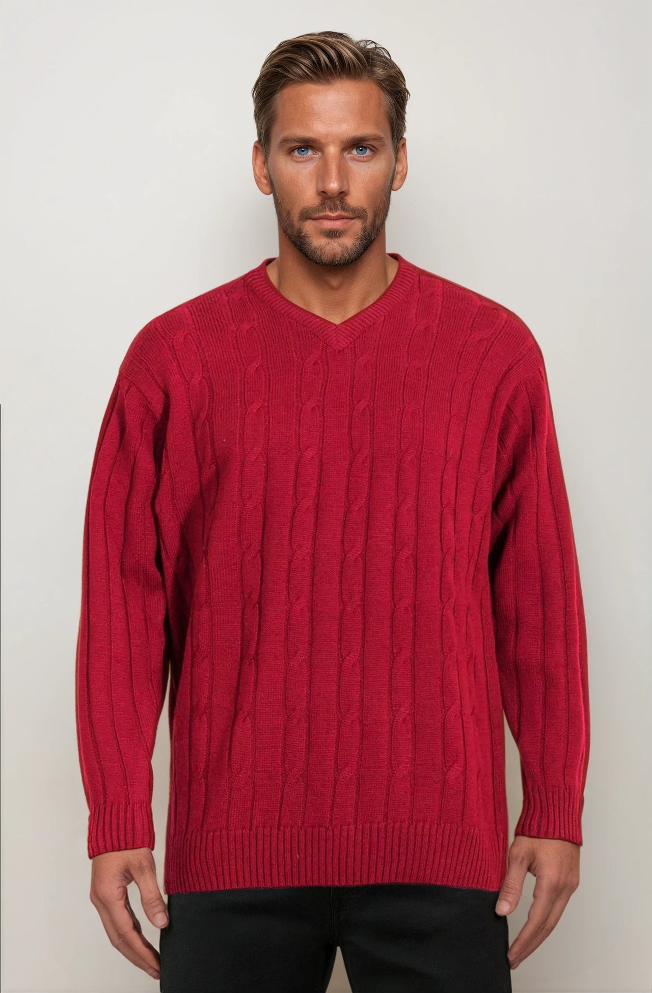 Cherry Cable V Neck Jumper Ansett Plain Knitwear