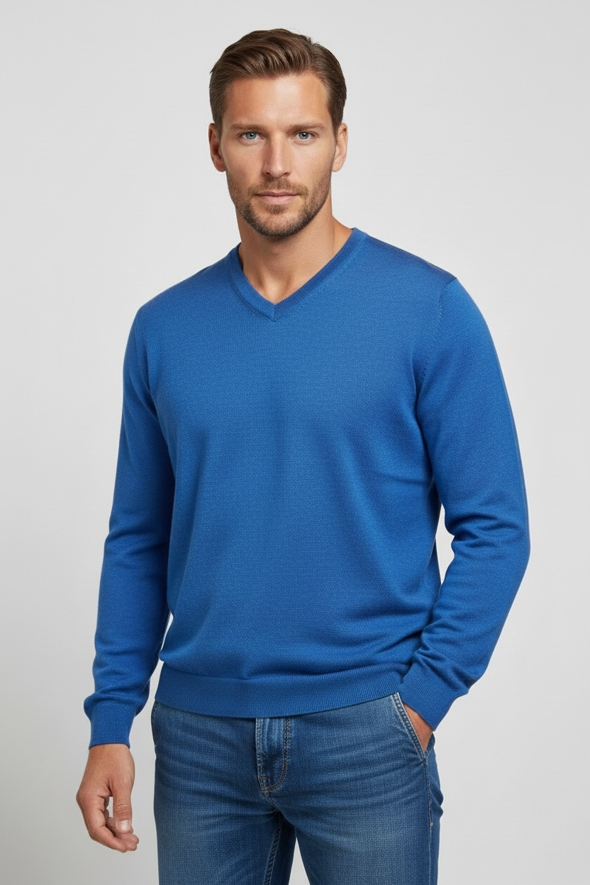 Royal Blue Cashmere Merino Wool V Neck Jumper
