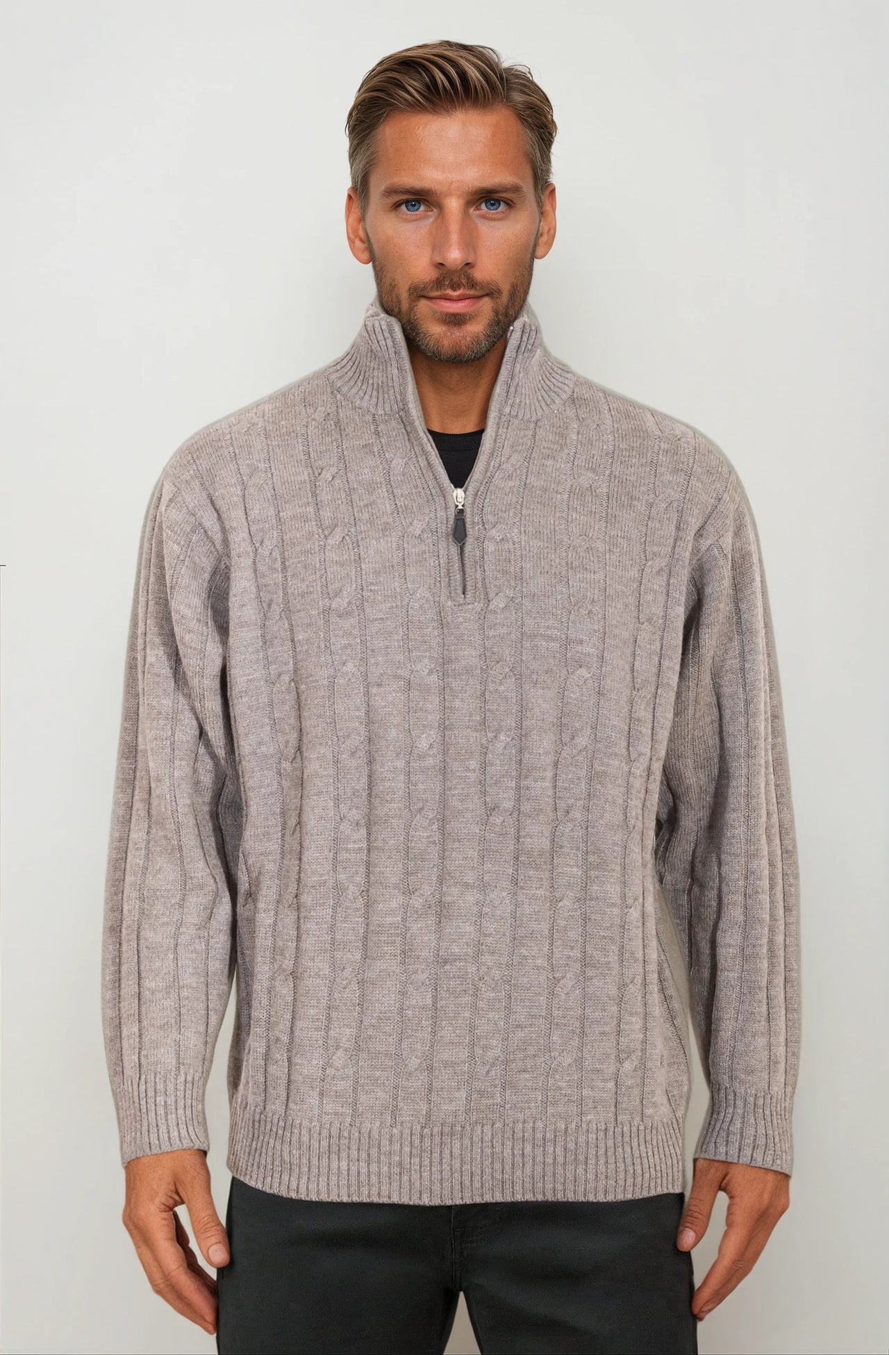 Sable Half Zip Cable Knit Jumper Ansett Plain Knitwear
