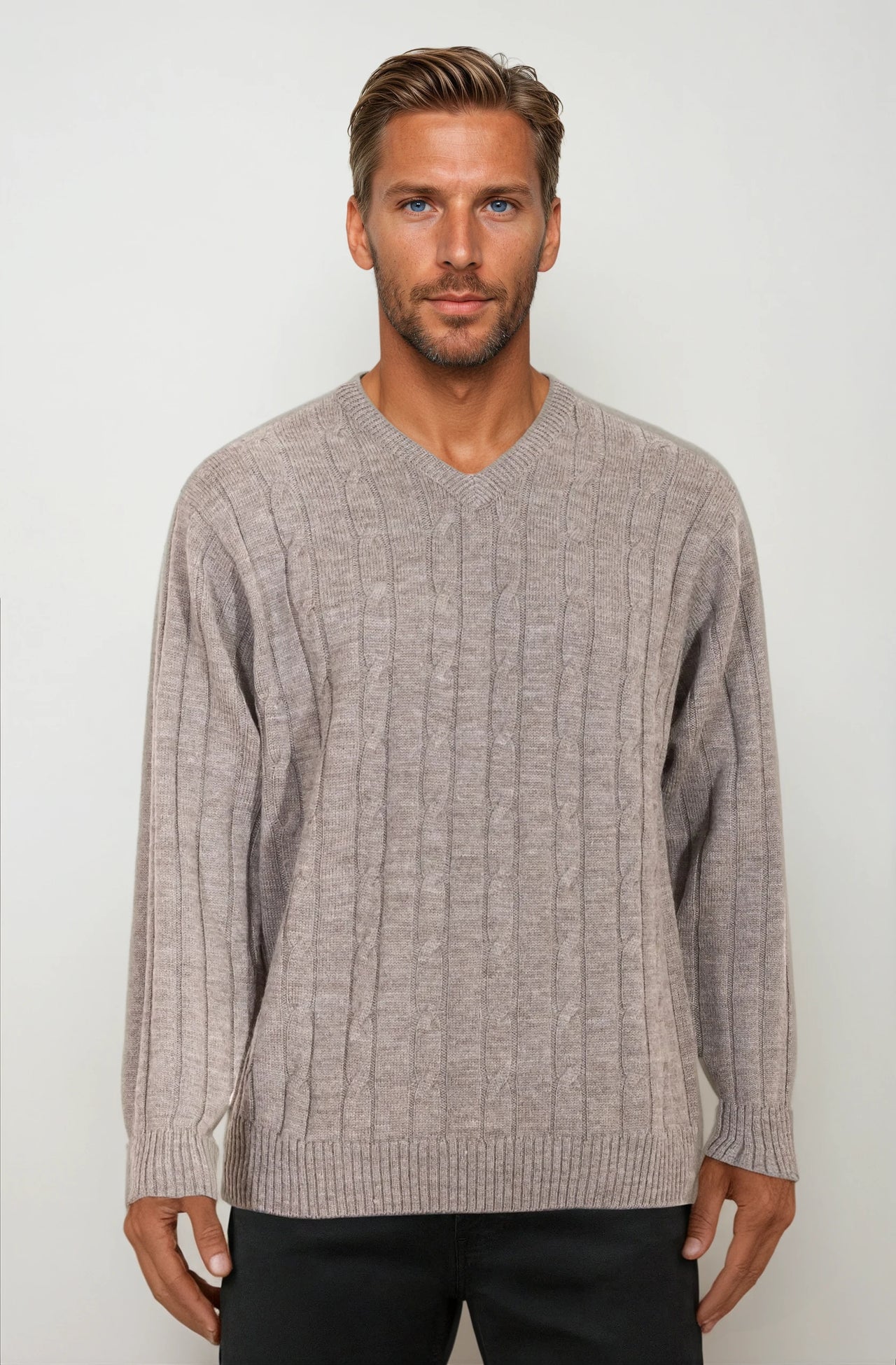 Sable Cable V Neck Jumper Ansett Plain Knitwear