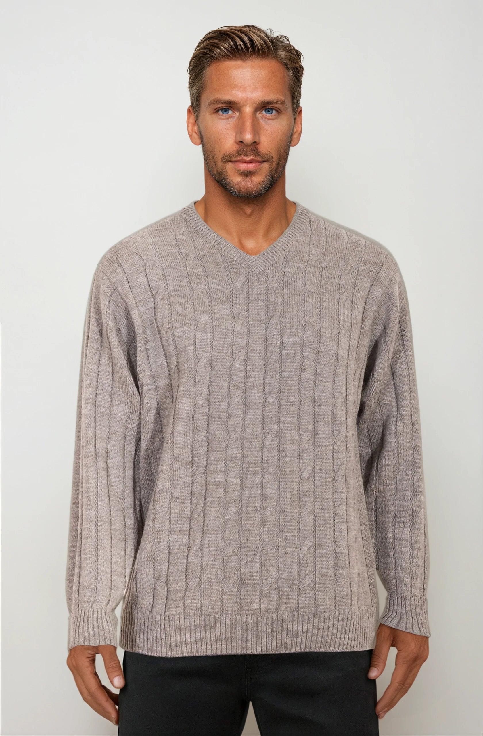 Sable Cable V Neck Jumper Ansett Plain Knitwear