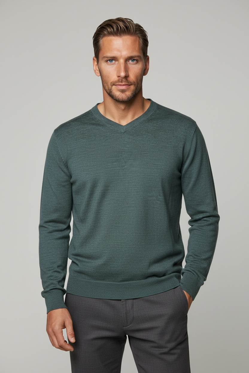 Ansett Seagrass Green Fine Weight Merino Wool V Neck Jumper