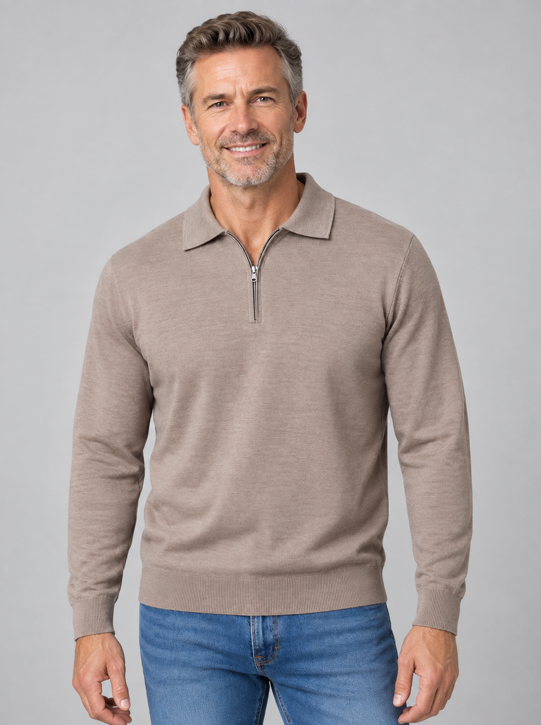 Ansett Mouse Brown Half Zip Fine Merino Wool Jumper
