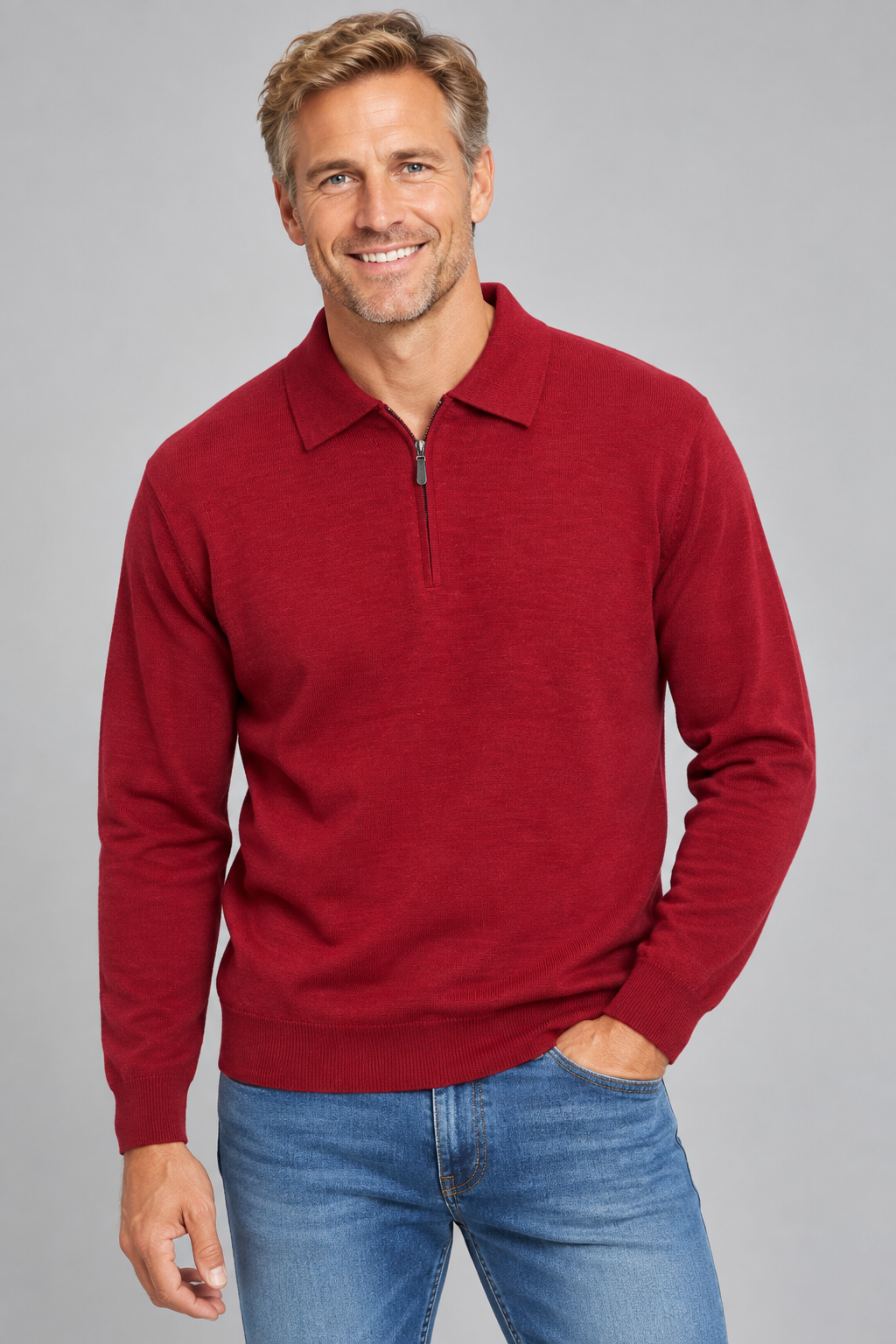 Ansett Red Half Zip Fine Merino Wool Jumper