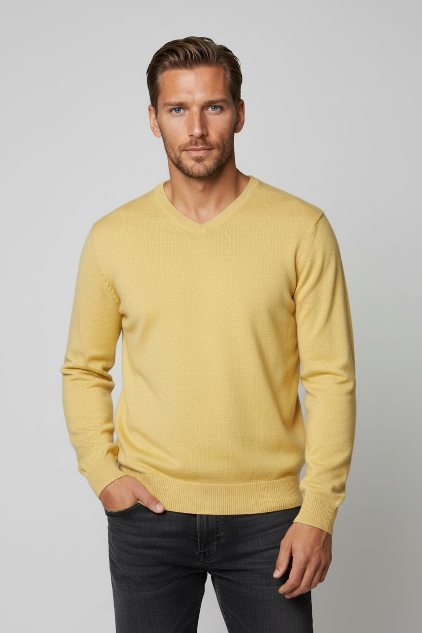 Straw Yellow Cashmere Merino Wool V Neck Jumper