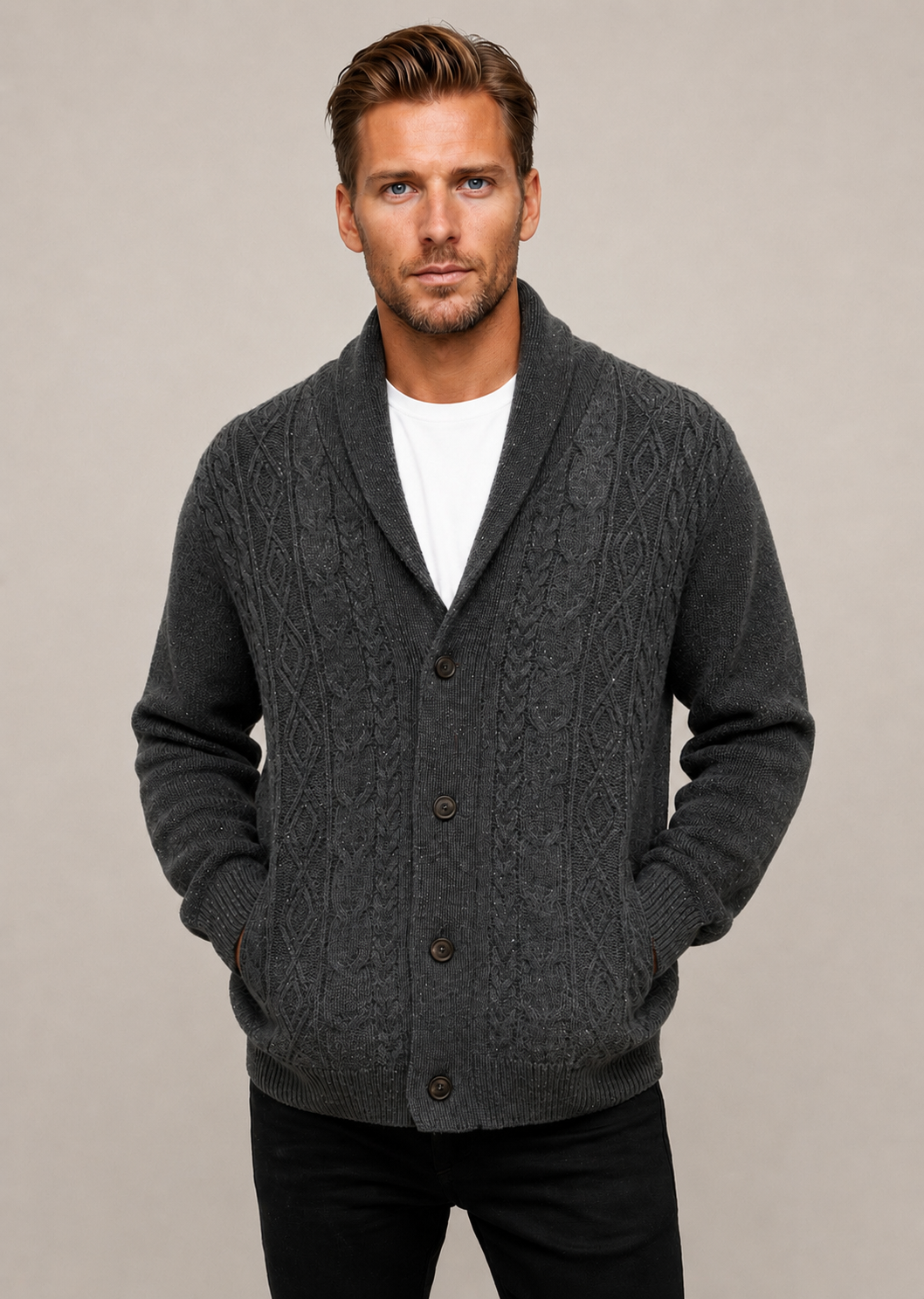 Ansett Men's Shawl Neck Cardigan 100% Wool - Shale
