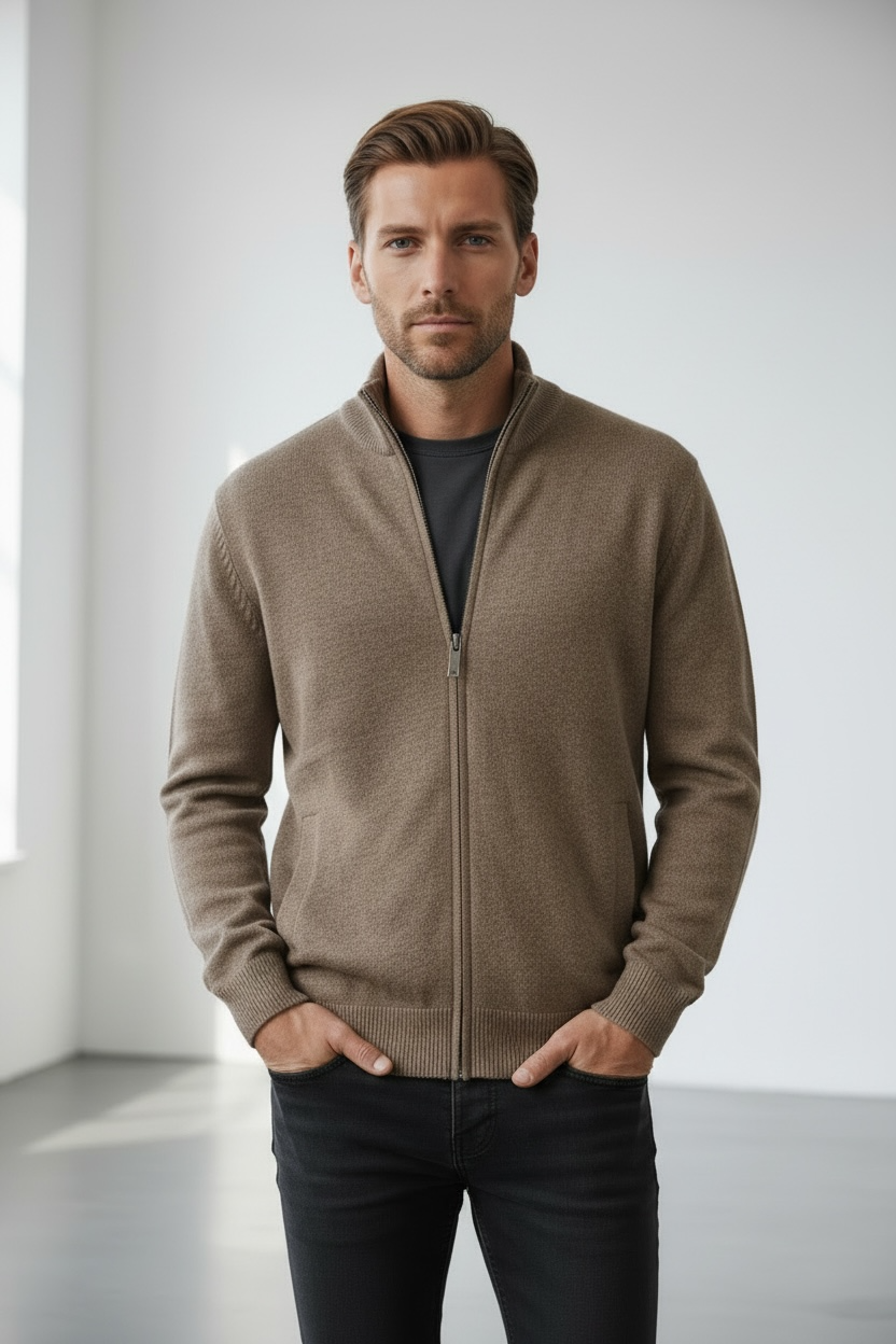 Ansett Full Zip Cashmere Merino Wool Jacket - Nutmeg Brown