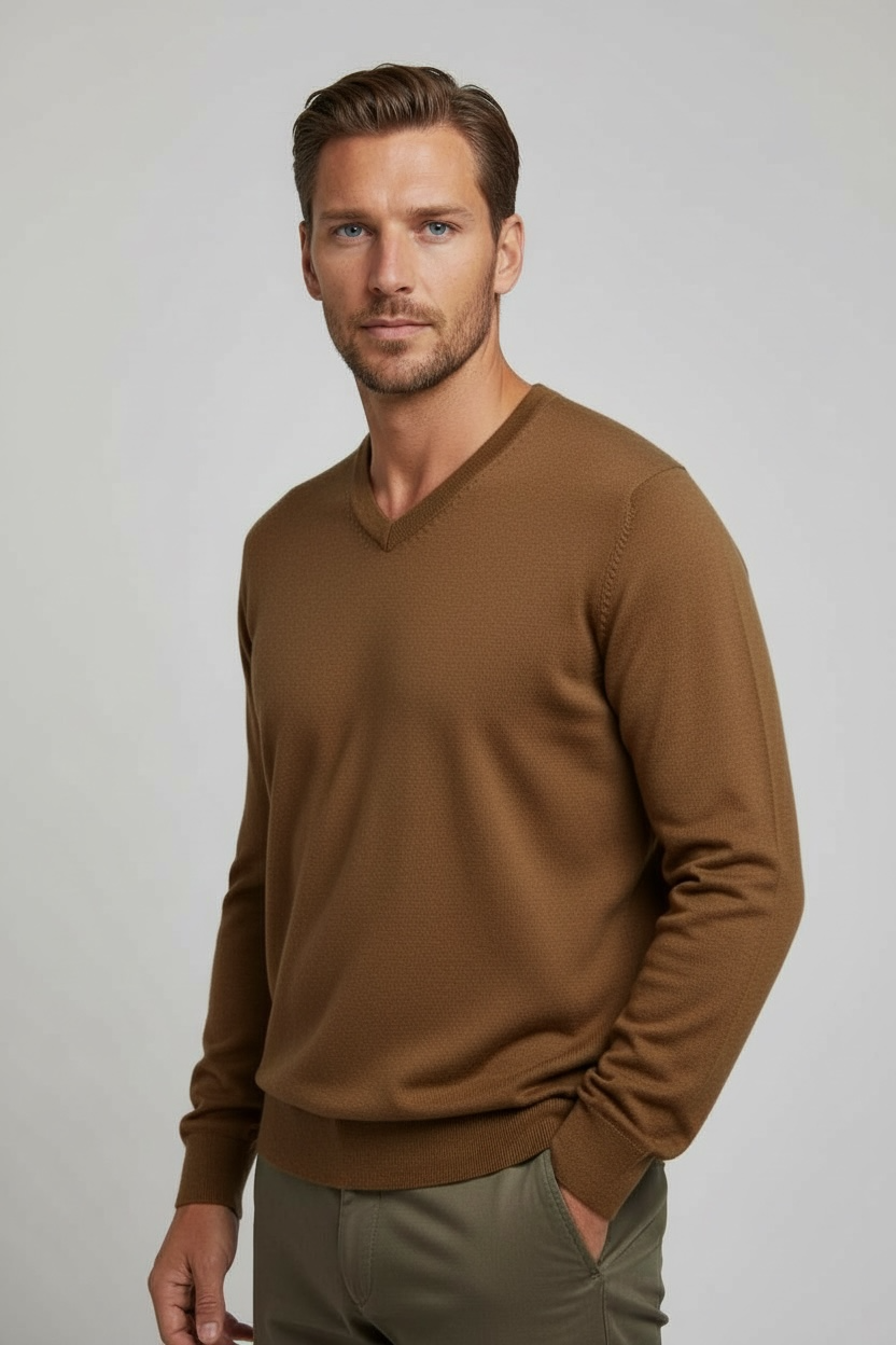 Ansett Toffee Brown Fine Weight Merino Wool V Neck Jumper