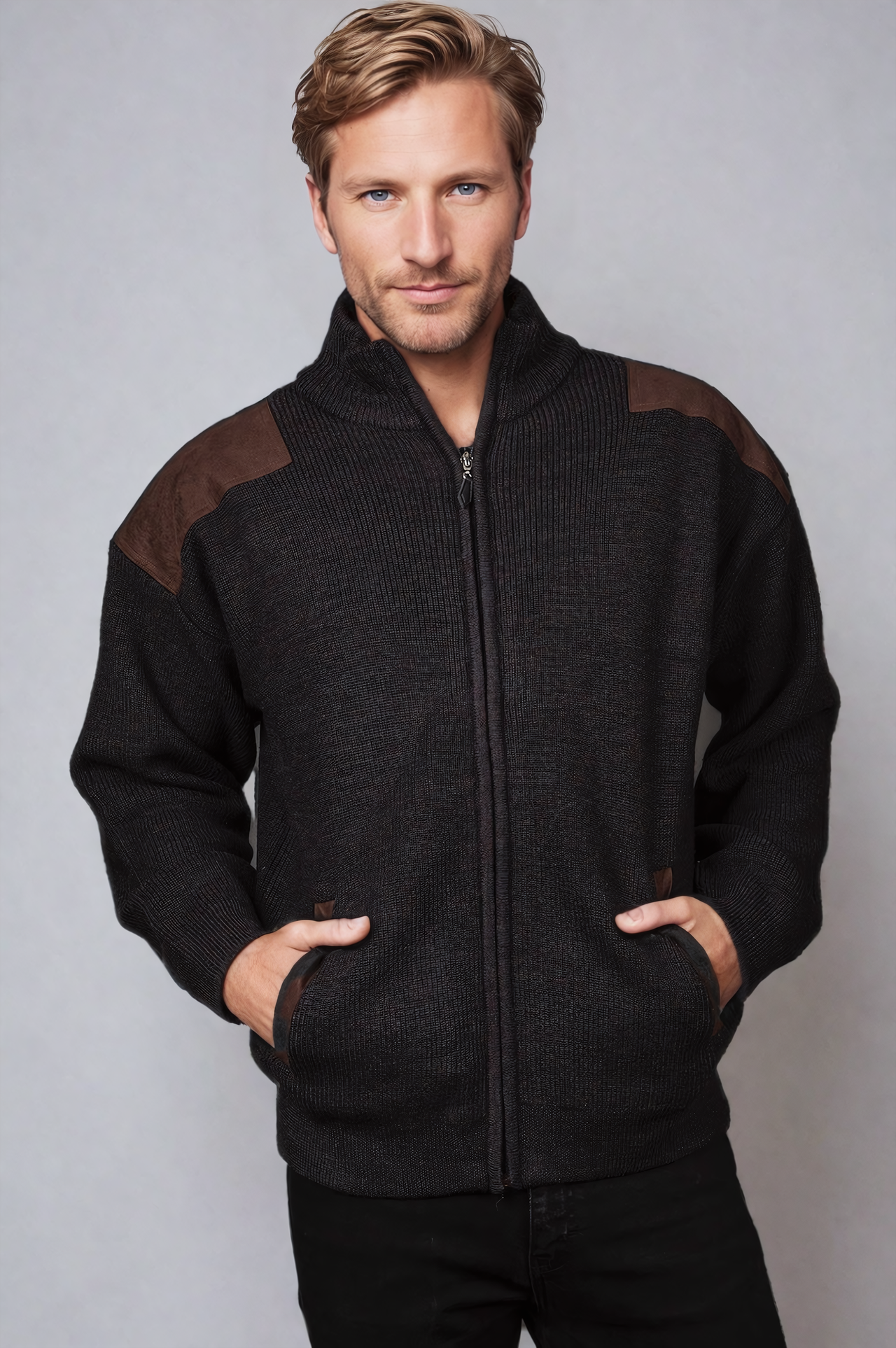 Ansett Wool Timber Zip Jacket With Timber Elbow And Shoulder Patches