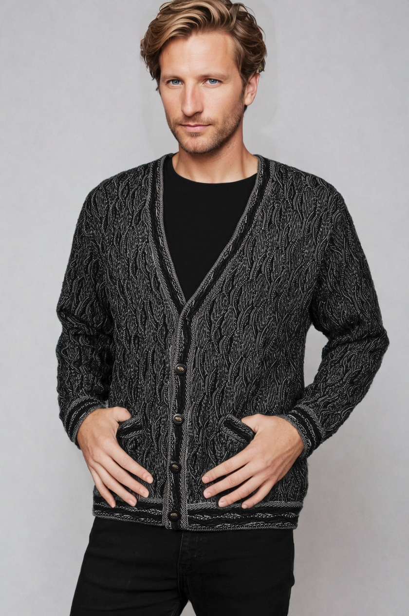 Wave - Black V Cardigan Merino Wool 3D Geccu Knitwear
