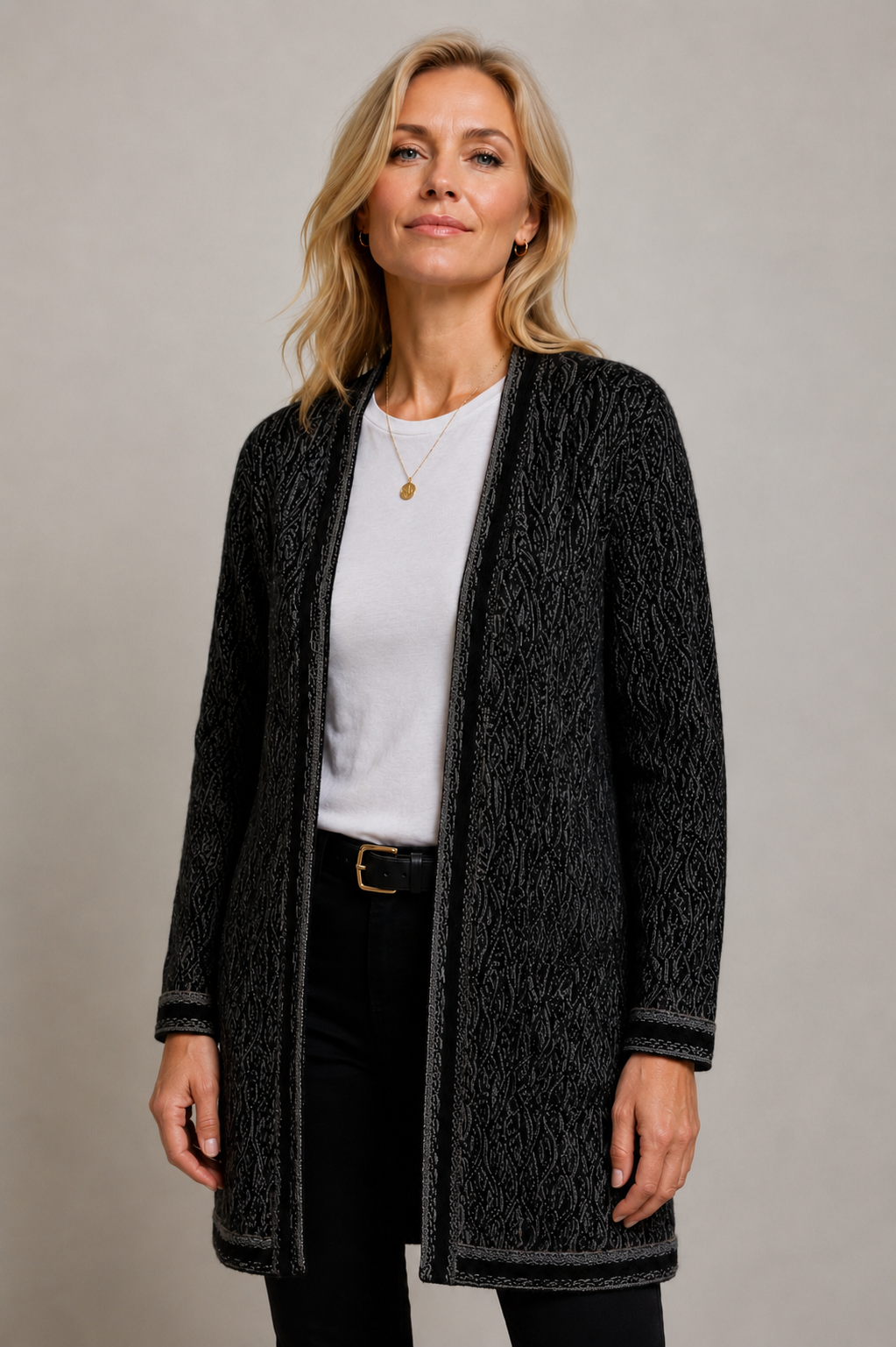 Wave - Black Ladies Swing Coat Merino Wool 3D Geccu Knitwear