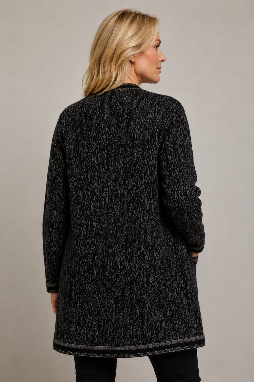 Wave - Black Ladies Swing Coat Merino Wool 3D Geccu Knitwear