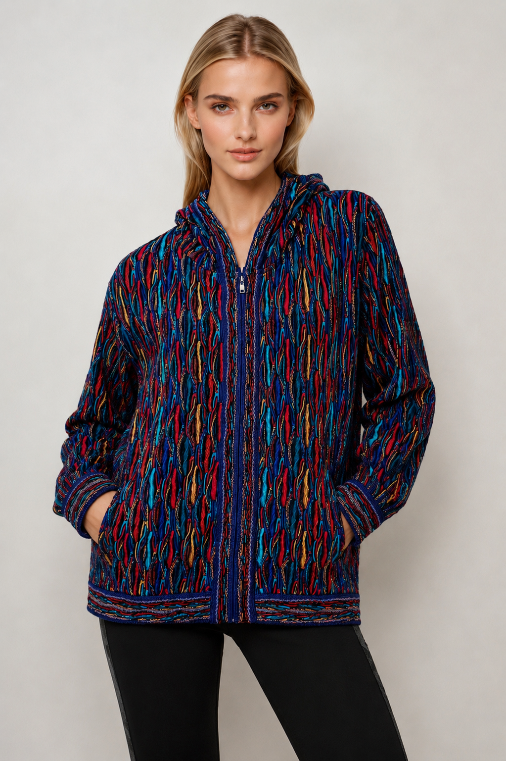 Wave - Bright Zip Hood Sweater Jacket Merino Wool 3D Geccu Knitwear