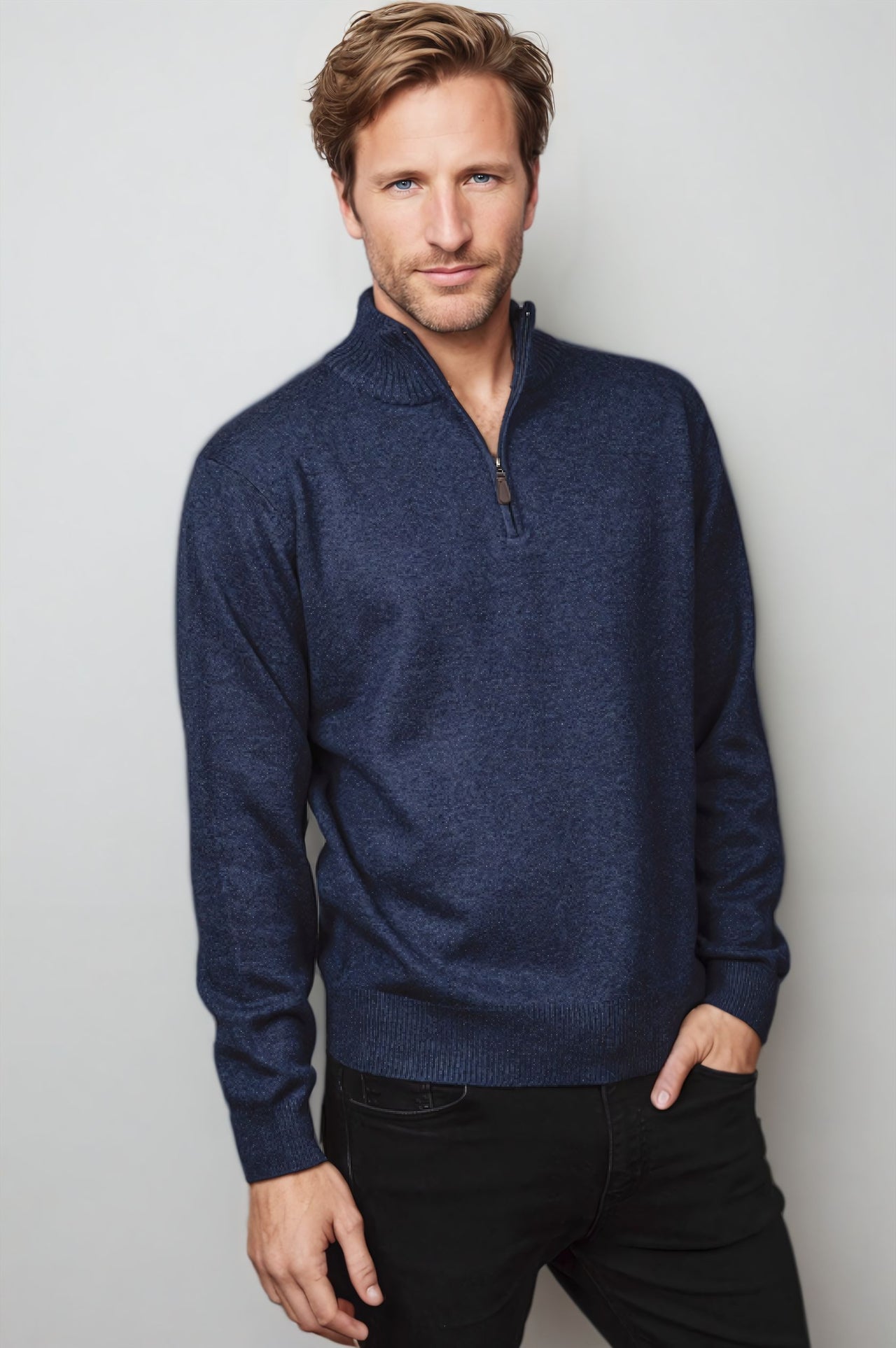 Ansett Denim Blue Half Zip Cashmere Merino Wool Jumper