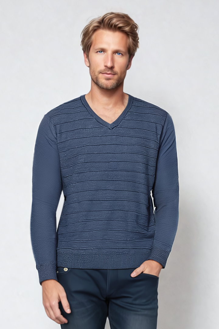 Pure Wool Ansett Patterned V Neck Jumper 8053 Slate Blue