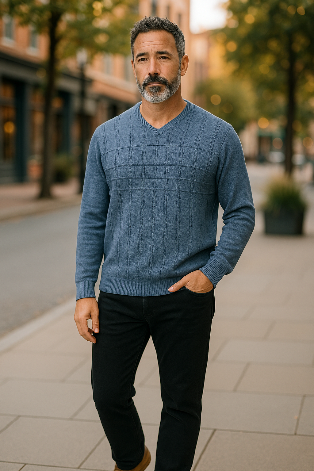 Pure Wool Ansett Patterned V Neck Jumper 8043 Denim Blue