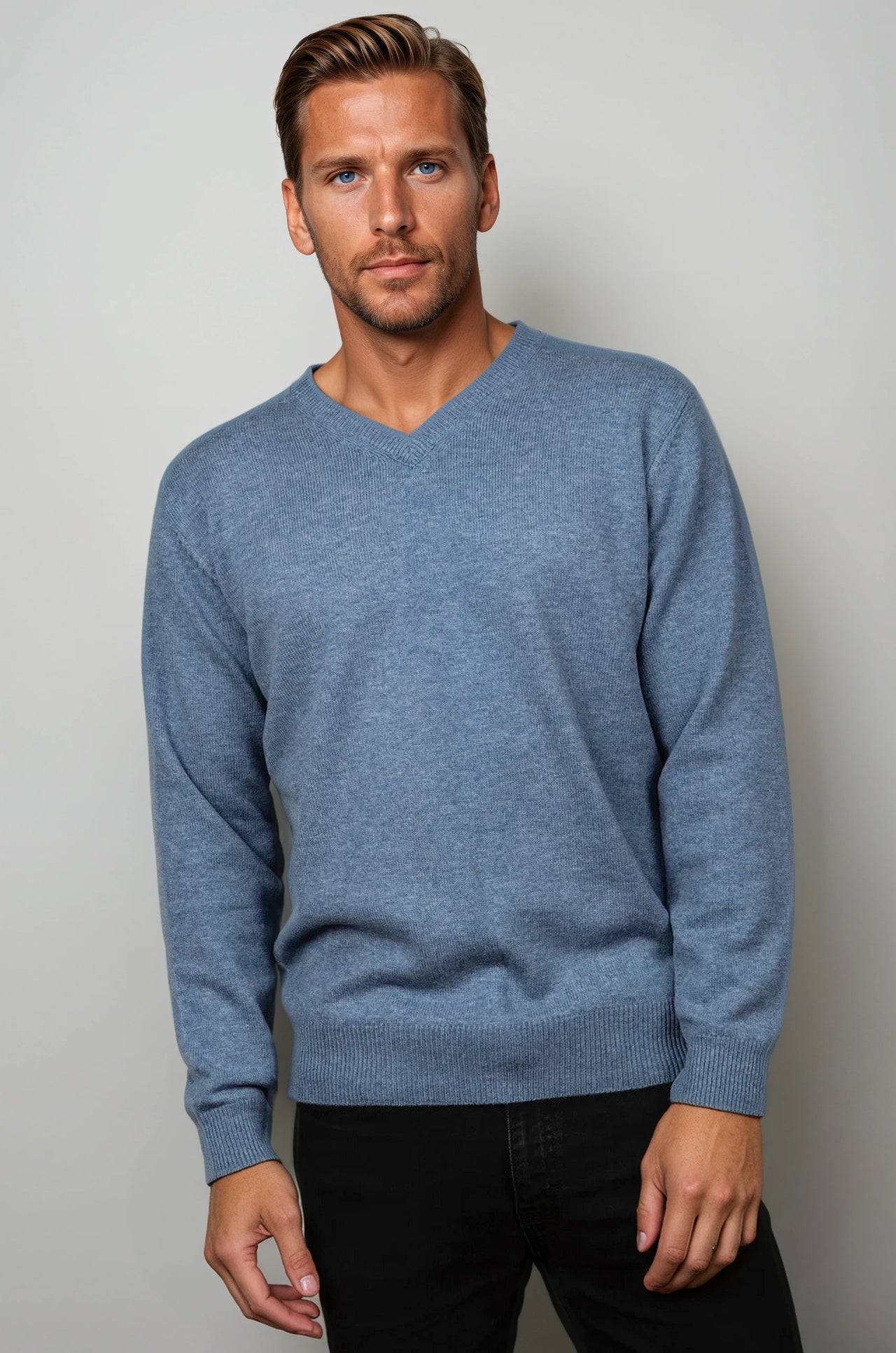 Light Blue Cashmere Merino Wool V Neck Jumper for men
