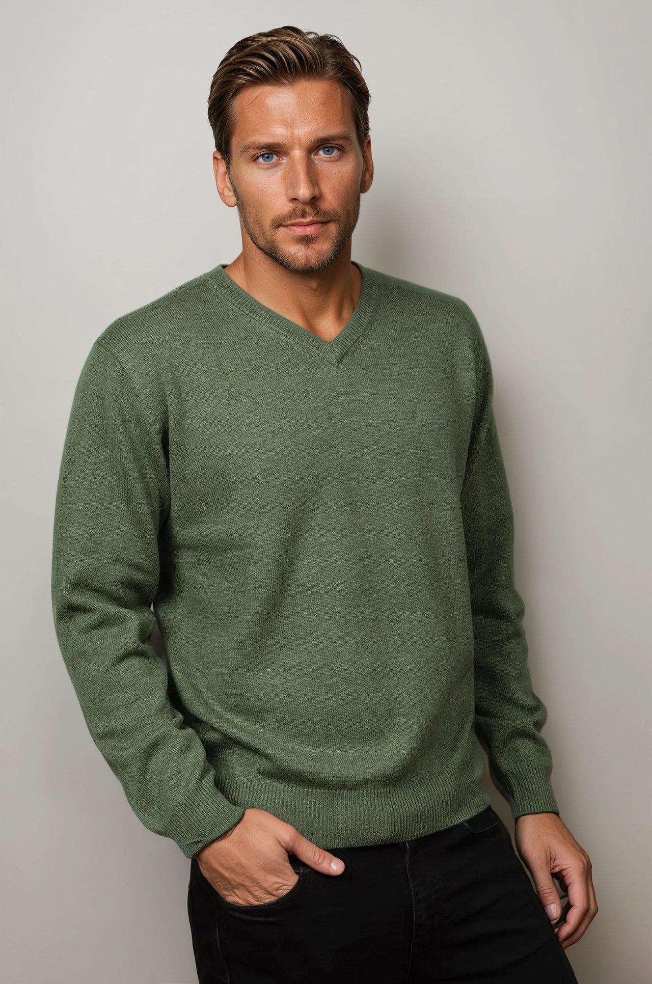 Ansett Moss Green Cashmere Merino Wool V Neck Jumper