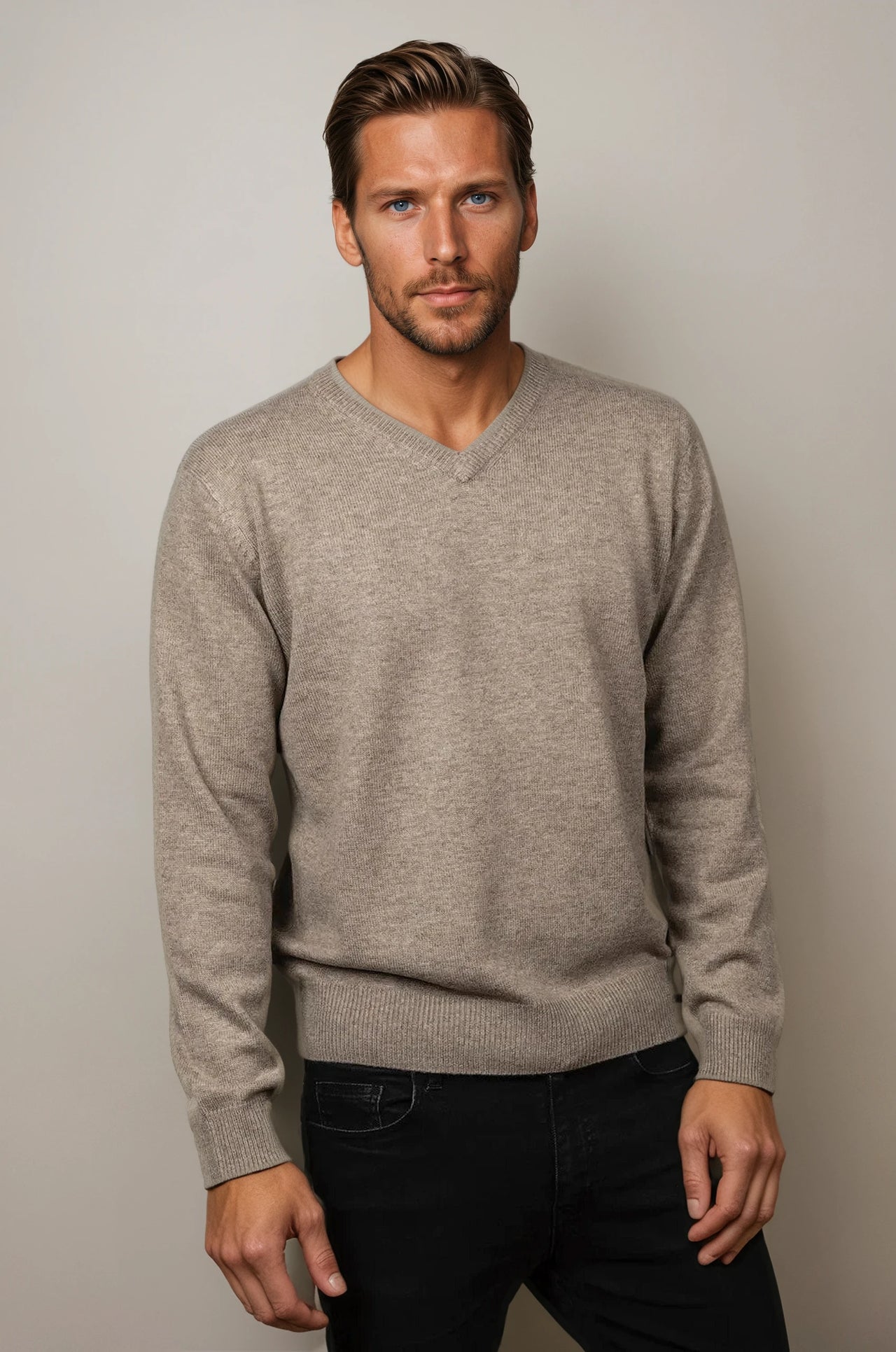 Ansett Mocha Brown Cashmere Merino Wool V Neck Jumper