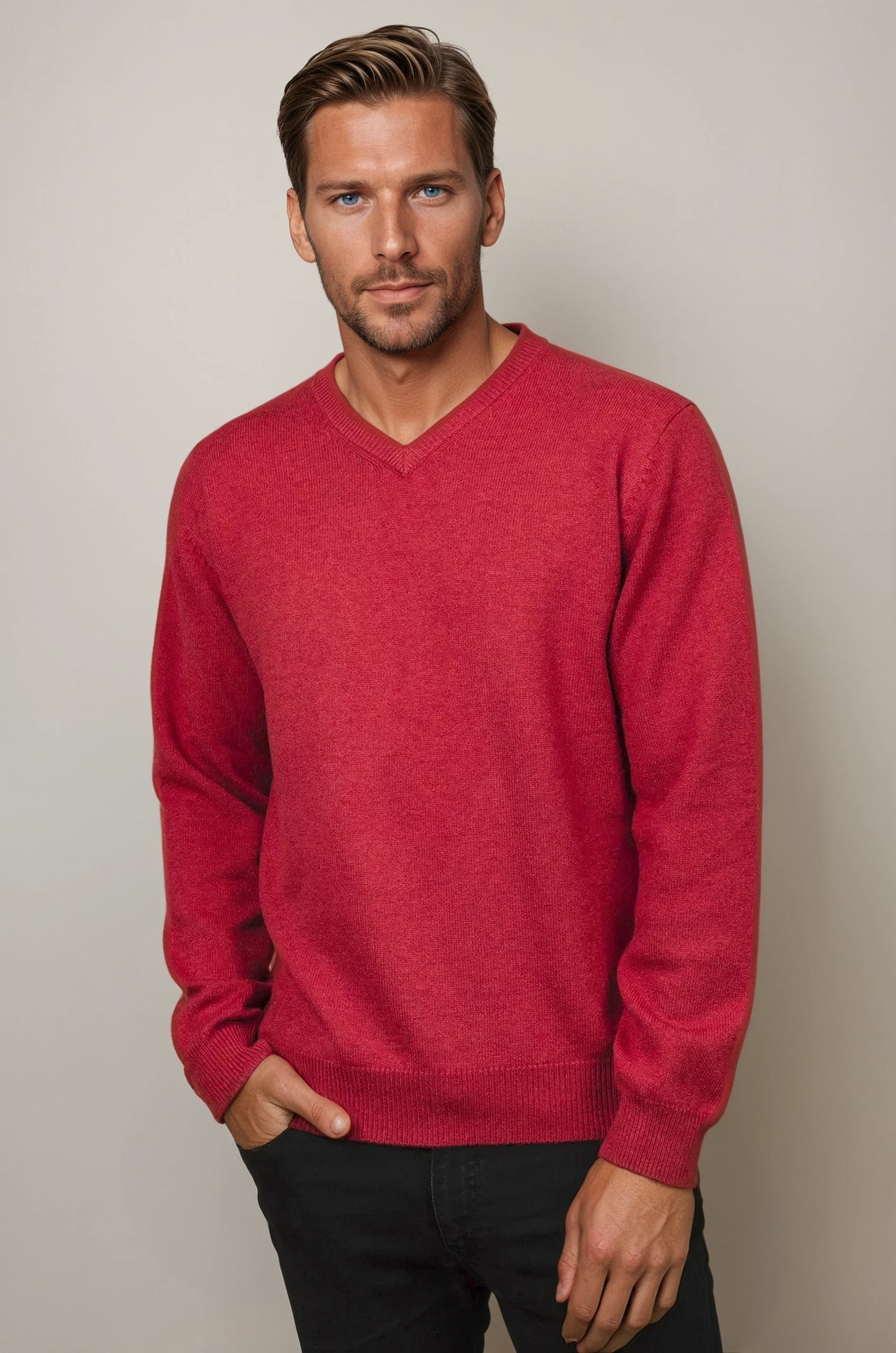 Ansett Rhubarb Red Cashmere Merino Wool V Neck Jumper