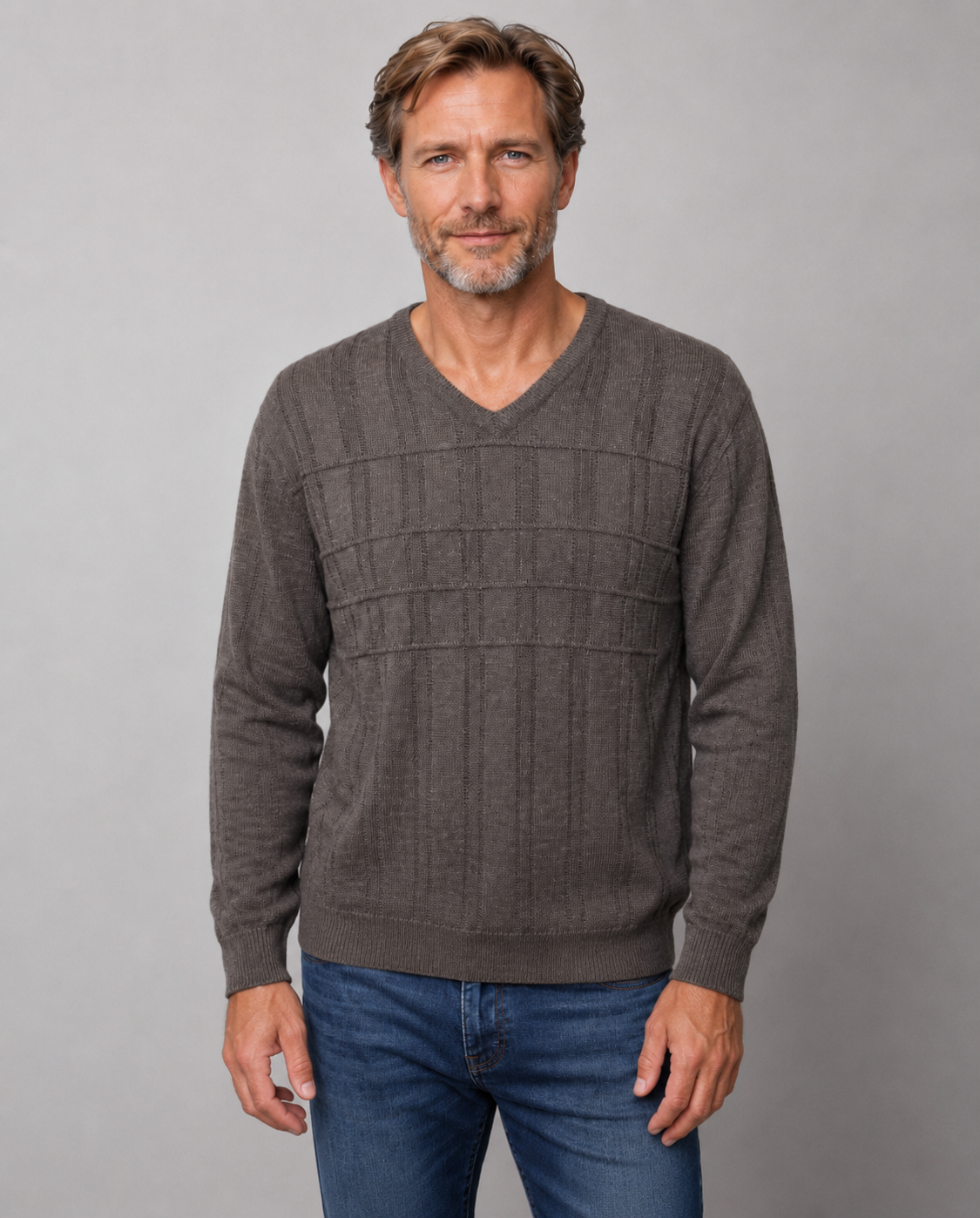 Pure Wool Ansett Patterned V Neck Jumper 8043 Date Brown