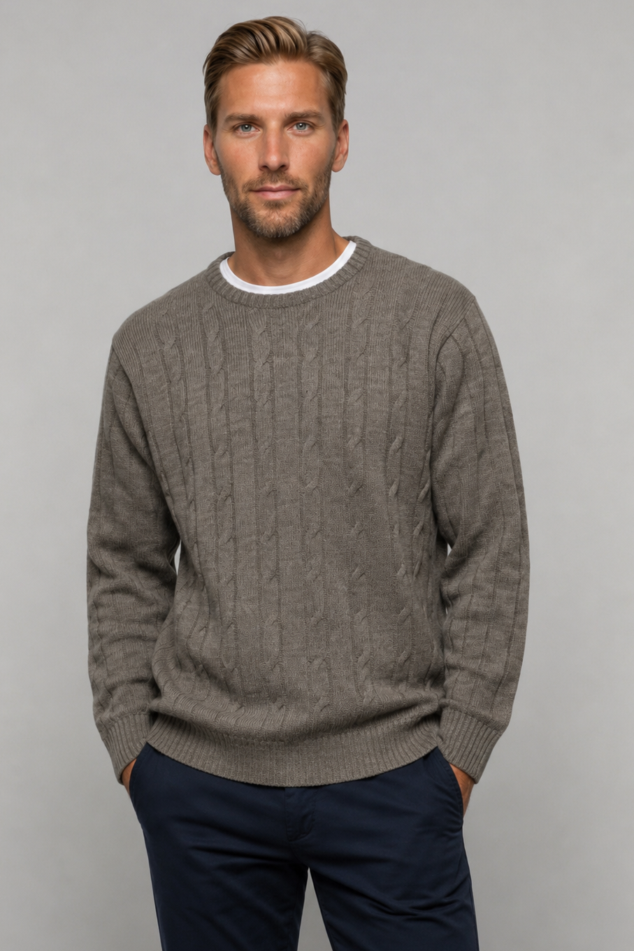 Ansett Sable Cable Crew Neck Wool Jumper