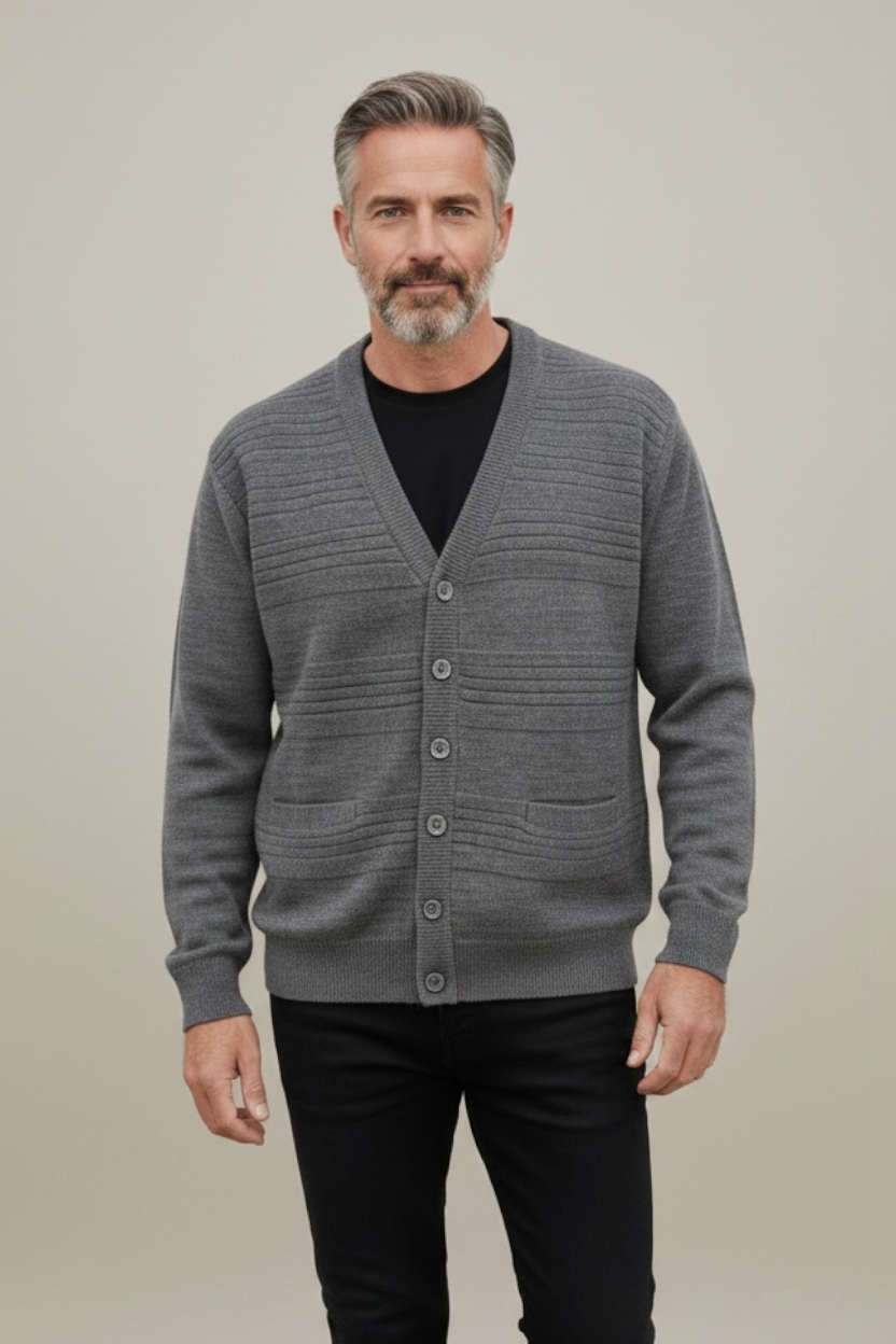 Men's Pure Wool V Neck Textured Cardigan - Grey