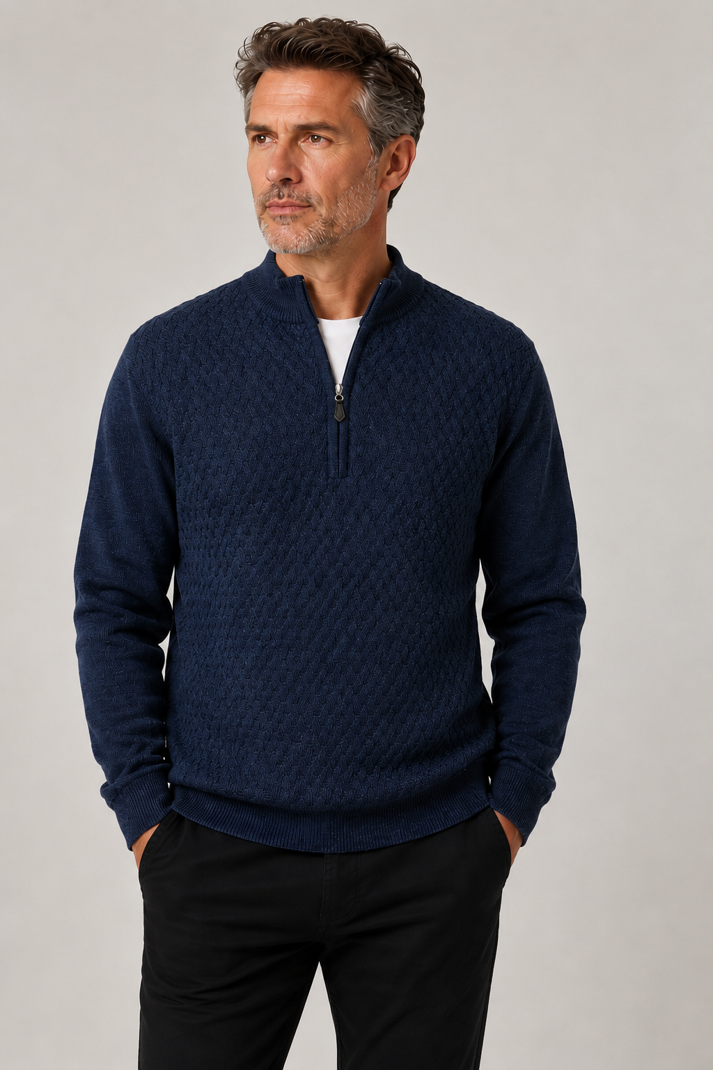 Indigo Blue Pure Wool Half Zip Sweater