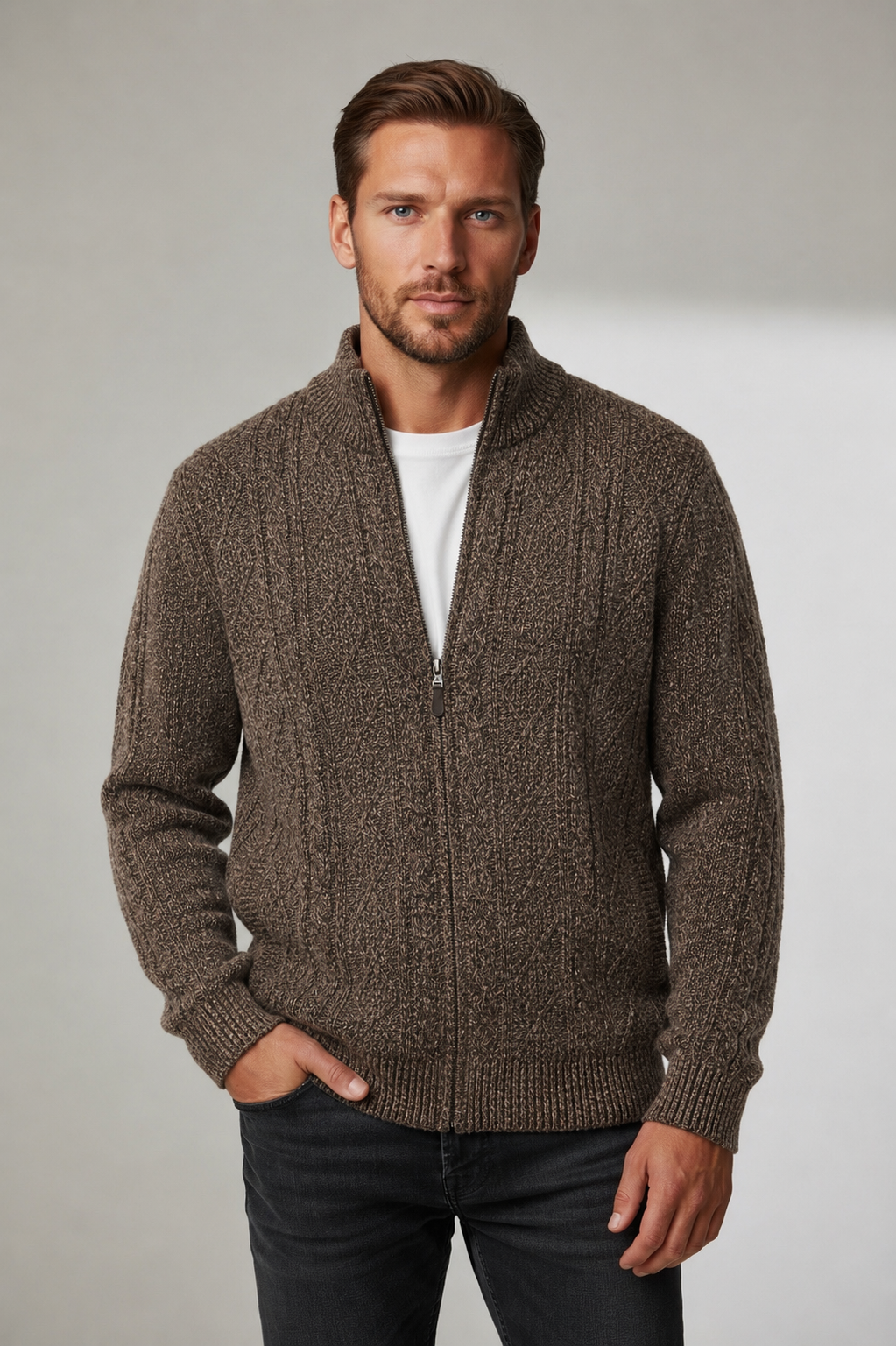 Ansett Men's Pure Wool Zip Jacket - Tan Marble