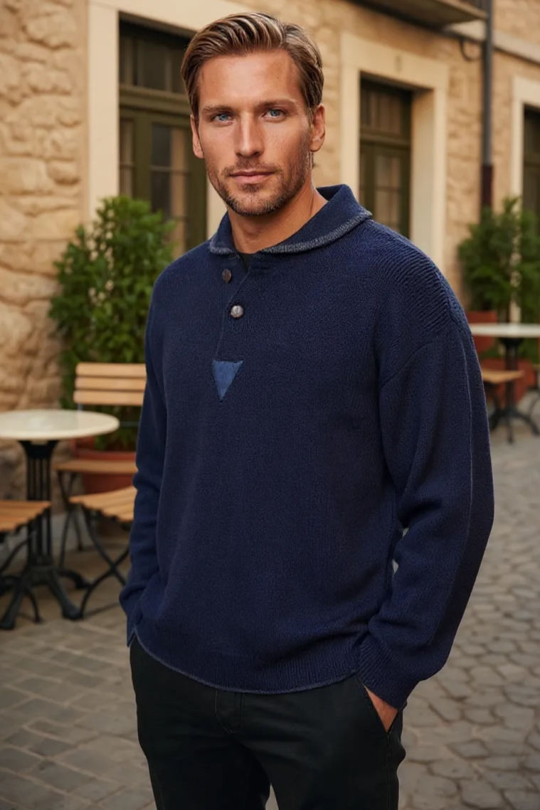 Ansett Wool Navy Blue Shawl Neck Jumper