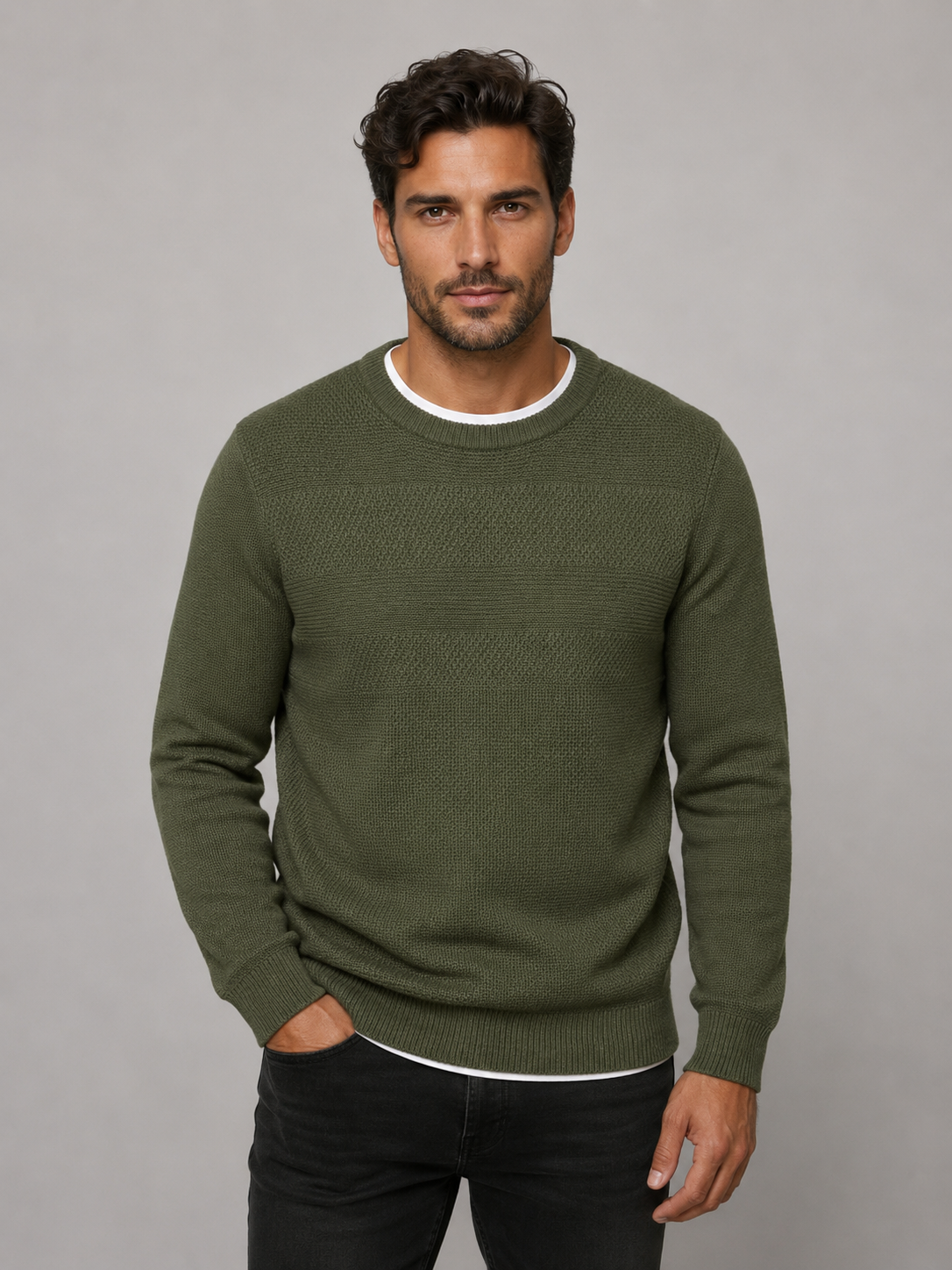 Pure Wool Ansett Patterned Crew Neck Jumper 8802 Olive