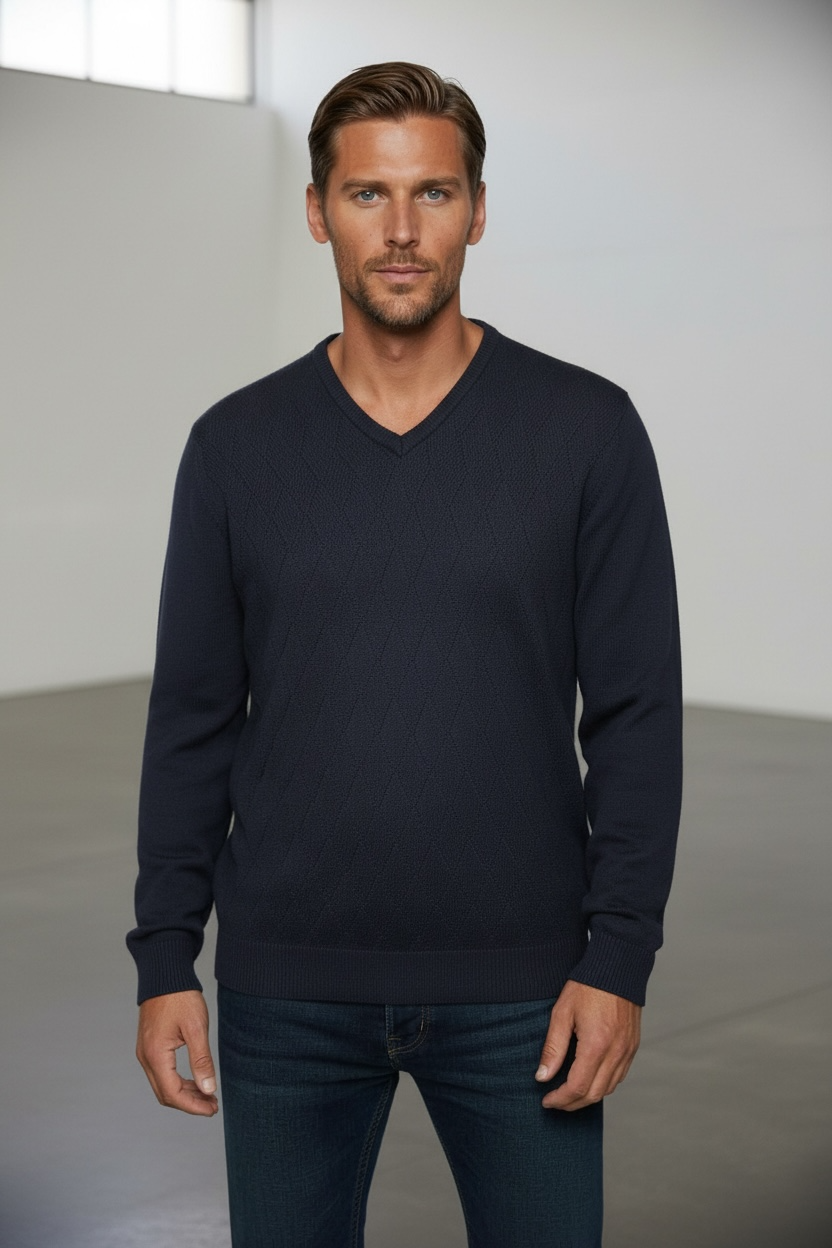 Merino Wool Ansett Argyle V Neck Jumper - 8123 Navy Blue