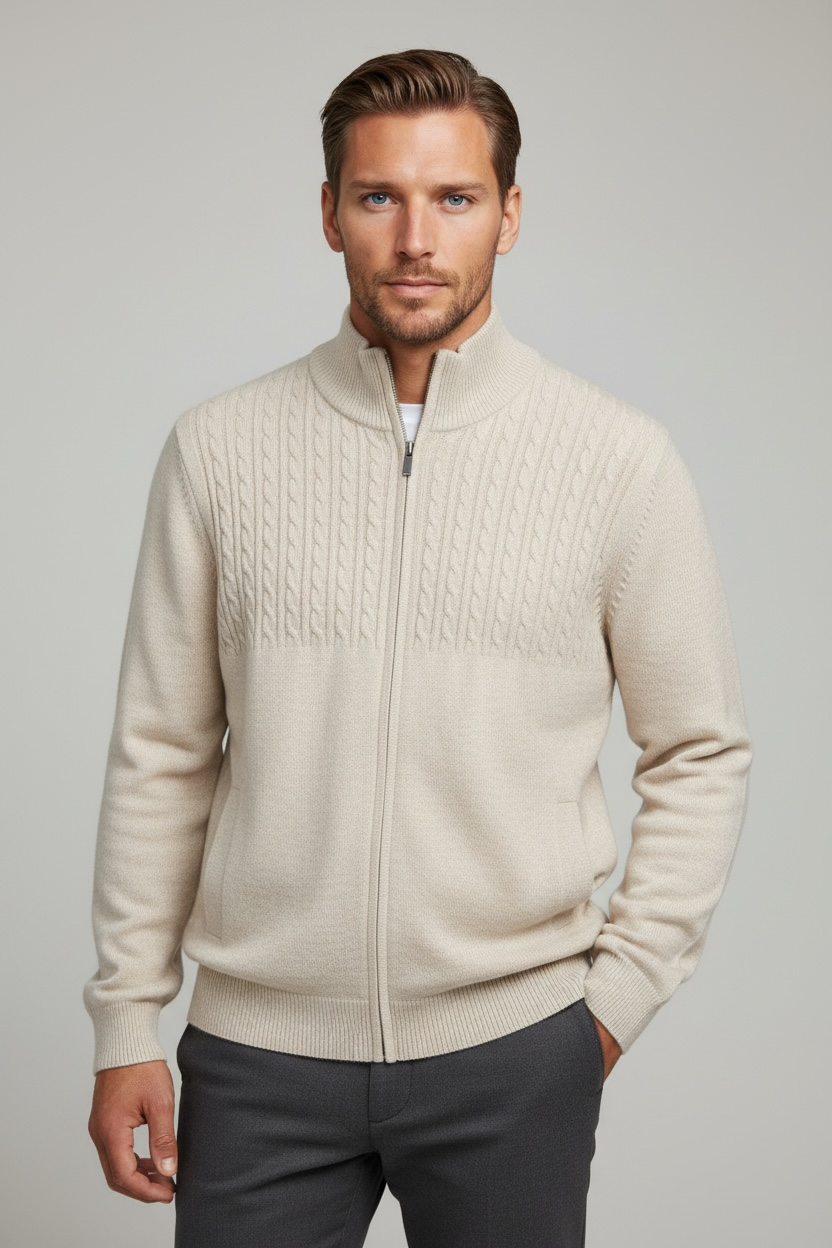 Ansett Beige Full Zip Cashmere Merino Wool Jacket